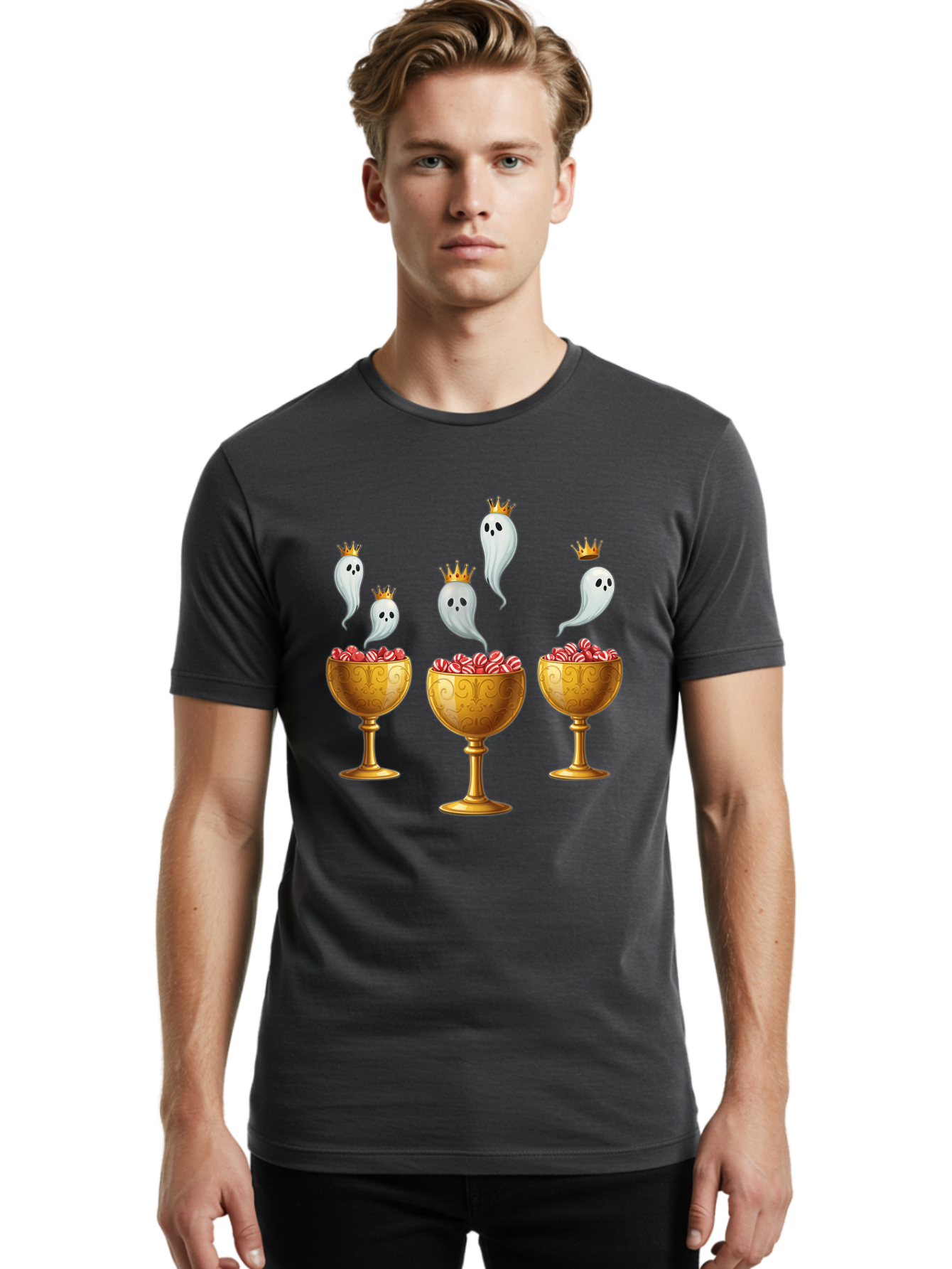 Crowned-Ghosts Men'S Graphic Tee, 100% Cotton, Comfortable Casual Summer Wear, Machine Washable, Halloween Candy, Ghostly Figures, Candy Goblets, Ornate Cups, Peppermint Treats, Festive Decor, Crowned Ghosts, Sweet Delights, Spooky Charm, Bac947