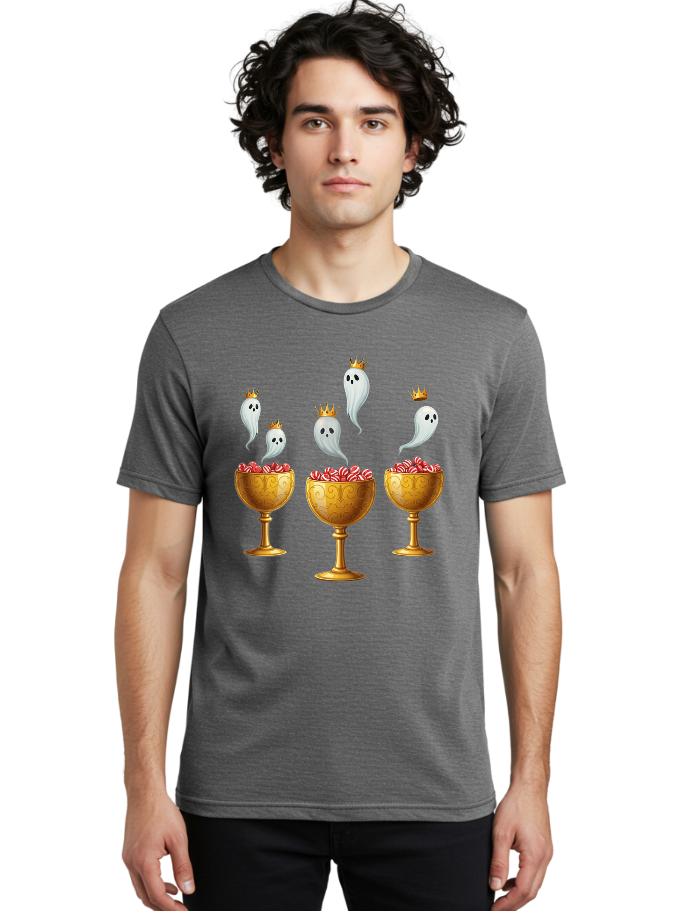 Crowned-Ghosts Men'S Graphic Tee, 100% Cotton, Comfortable Casual Summer Wear, Machine Washable, Halloween Candy, Ghostly Figures, Candy Goblets, Ornate Cups, Peppermint Treats, Festive Decor, Crowned Ghosts, Sweet Delights, Spooky Charm, Bac947