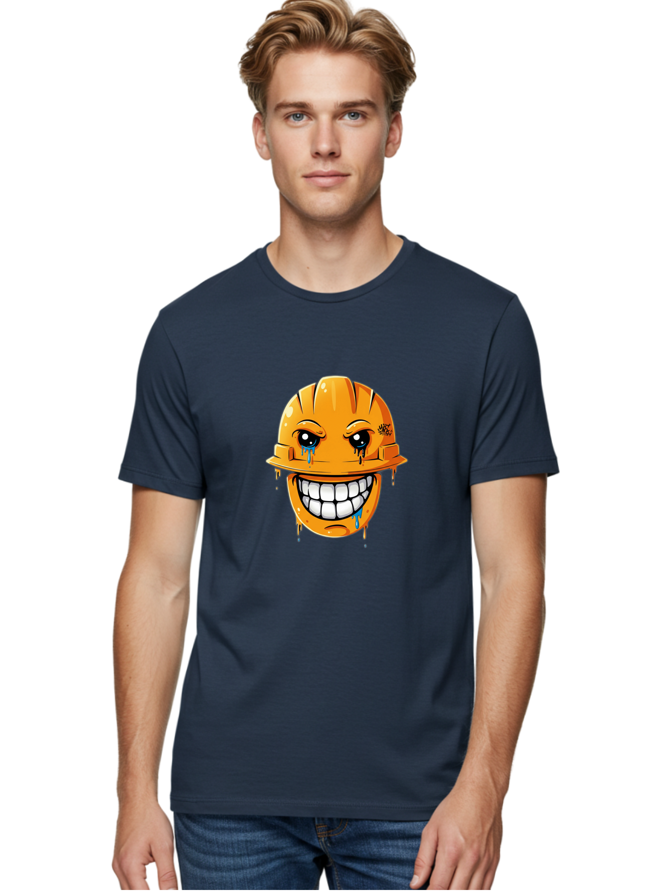 Crying-Hard-Hat Men'S Graphic Tee, 100% Cotton, Comfortable Casual Summer Wear, Machine Washable, Cartoon Hard Hat, Crying Face, White Teeth, Blue Tears, Construction Worker, Emotional Labor, Worker Struggle, Hard Hat Illustration Bac948