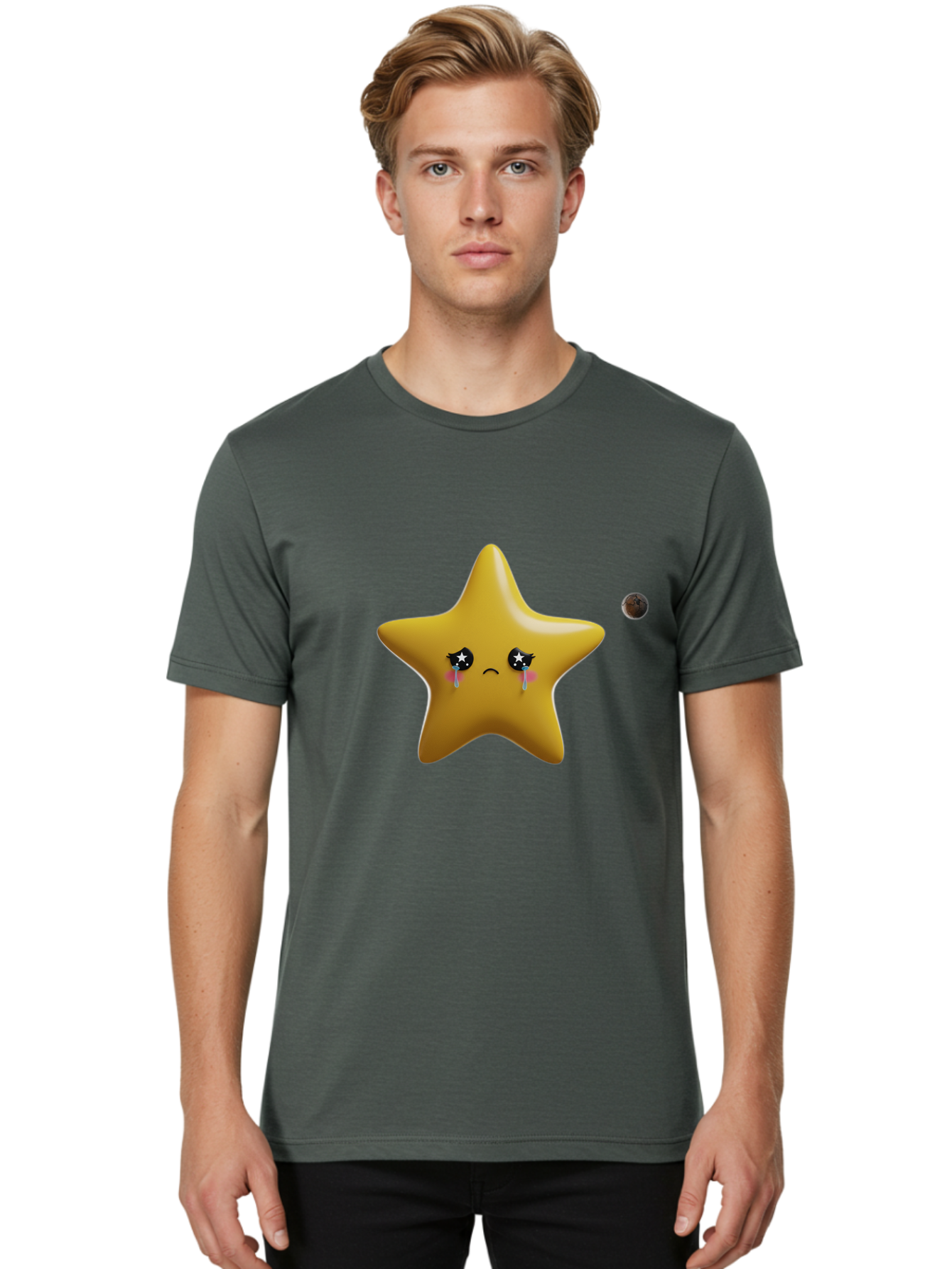 Crying-Star Men'S Graphic Tee, 100% Cotton, Comfortable Casual Summer Wear, Machine Washable, Sad Star, Crying Face, Tears, Sorrowful Expression, Frowning Star, Sorrow, Disappointment, Sadness, Star Emoji Bac949