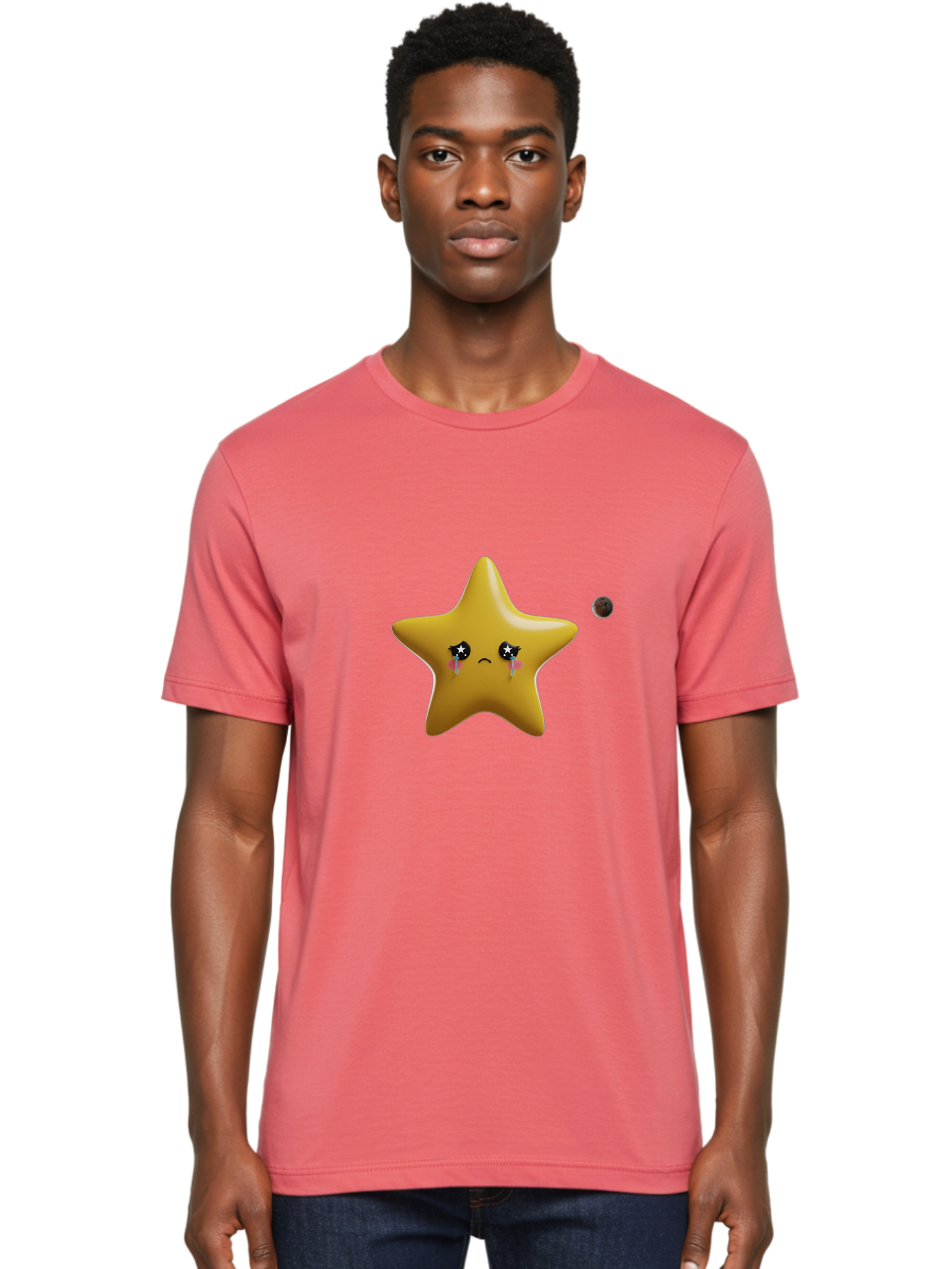 Crying-Star Men'S Graphic Tee, 100% Cotton, Comfortable Casual Summer Wear, Machine Washable, Sad Star, Crying Face, Tears, Sorrowful Expression, Frowning Star, Sorrow, Disappointment, Sadness, Star Emoji Bac949