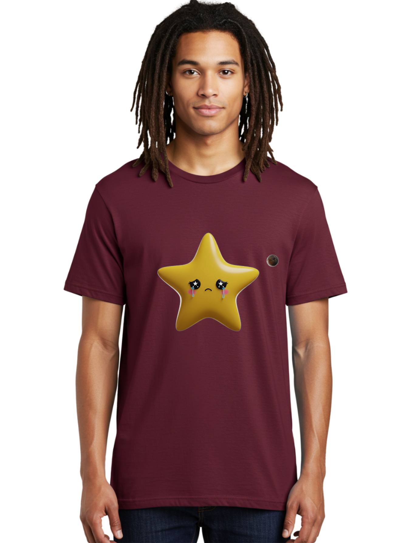 Crying-Star Men'S Graphic Tee, 100% Cotton, Comfortable Casual Summer Wear, Machine Washable, Sad Star, Crying Face, Tears, Sorrowful Expression, Frowning Star, Sorrow, Disappointment, Sadness, Star Emoji Bac949