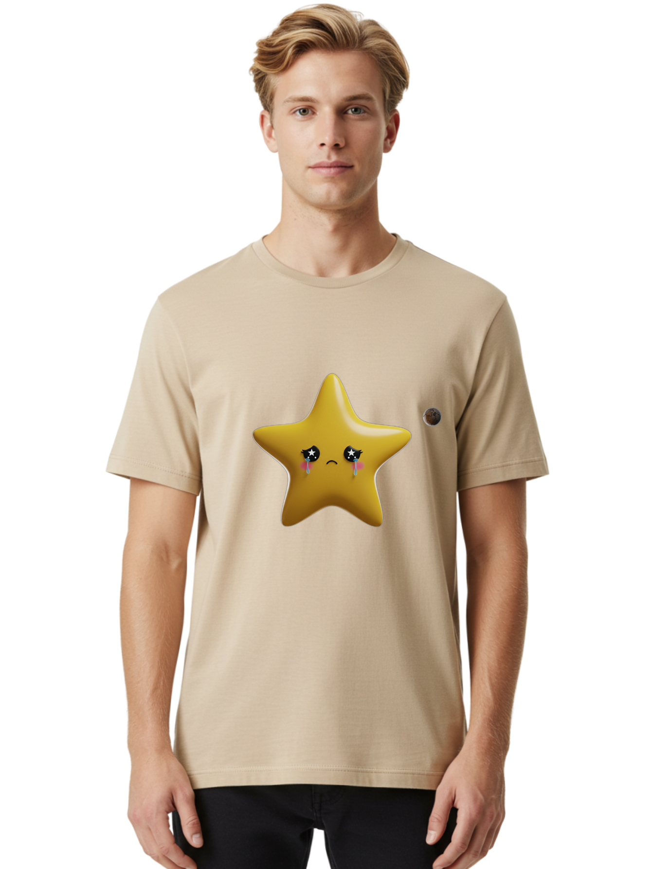 Crying-Star Men'S Graphic Tee, 100% Cotton, Comfortable Casual Summer Wear, Machine Washable, Sad Star, Crying Face, Tears, Sorrowful Expression, Frowning Star, Sorrow, Disappointment, Sadness, Star Emoji Bac949
