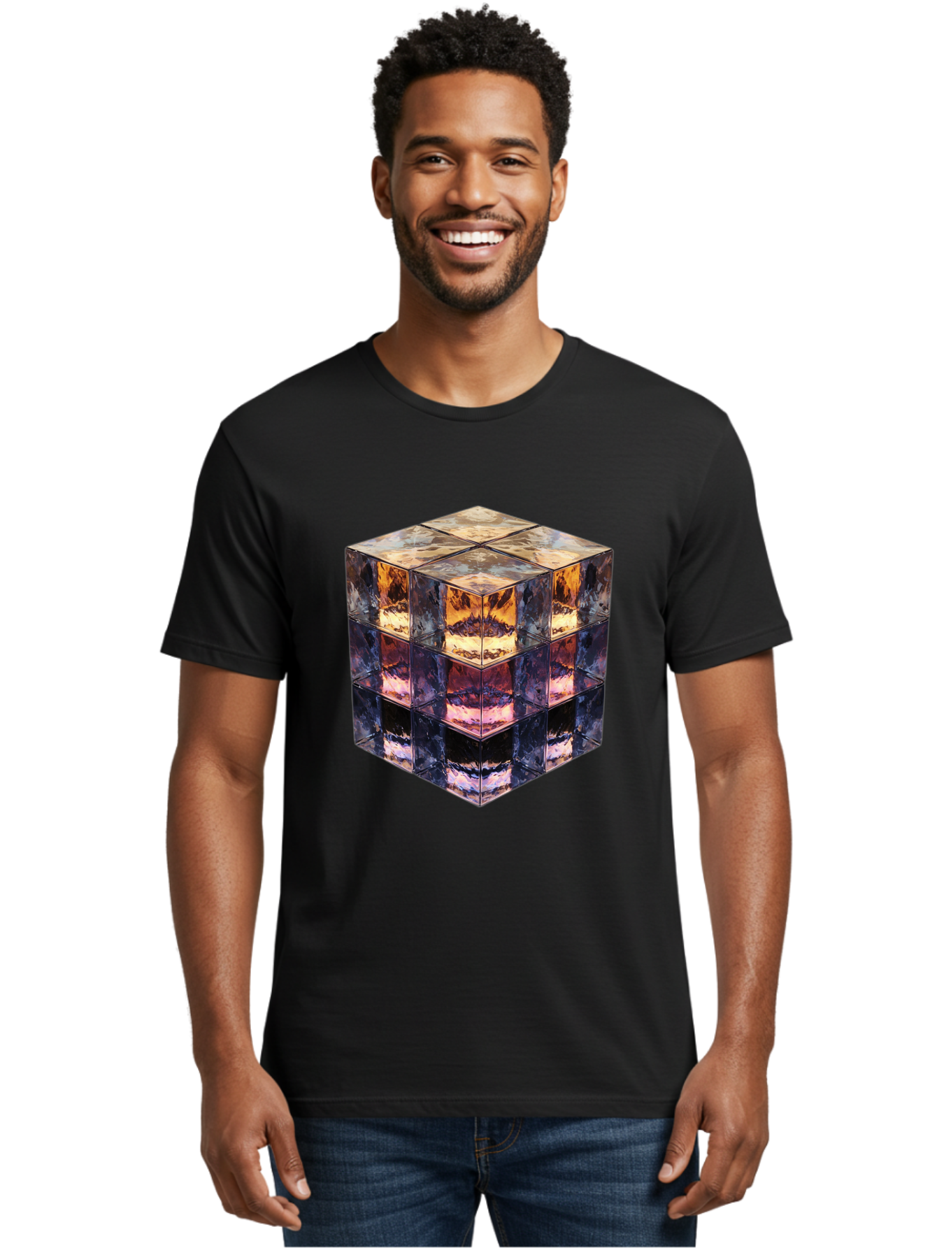 Cube-With-Mirrored-Faces Men'S Graphic Tee, 100% Cotton, Comfortable Casual Summer Wear, Machine Washable, Mirrored Cube, Reflective Surfaces, Abstract Art, Kaleidoscope Effect, Mirrored Reflections, 3D Rendering, Futuristic Design Bac951