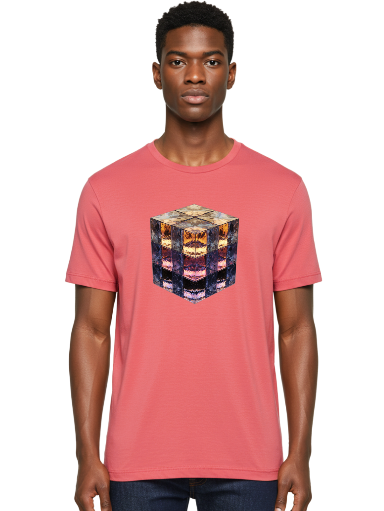 Cube-With-Mirrored-Faces Men'S Graphic Tee, 100% Cotton, Comfortable Casual Summer Wear, Machine Washable, Mirrored Cube, Reflective Surfaces, Abstract Art, Kaleidoscope Effect, Mirrored Reflections, 3D Rendering, Futuristic Design Bac951