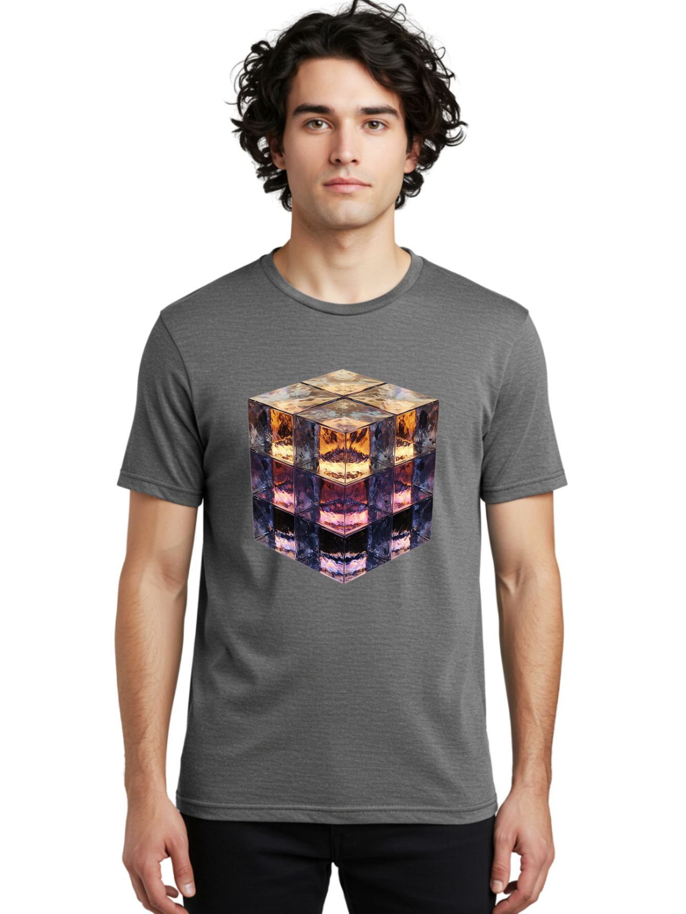 Cube-With-Mirrored-Faces Men'S Graphic Tee, 100% Cotton, Comfortable Casual Summer Wear, Machine Washable, Mirrored Cube, Reflective Surfaces, Abstract Art, Kaleidoscope Effect, Mirrored Reflections, 3D Rendering, Futuristic Design Bac951