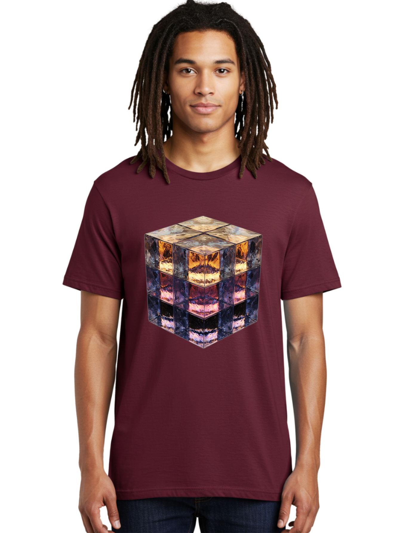 Cube-With-Mirrored-Faces Men'S Graphic Tee, 100% Cotton, Comfortable Casual Summer Wear, Machine Washable, Mirrored Cube, Reflective Surfaces, Abstract Art, Kaleidoscope Effect, Mirrored Reflections, 3D Rendering, Futuristic Design Bac951