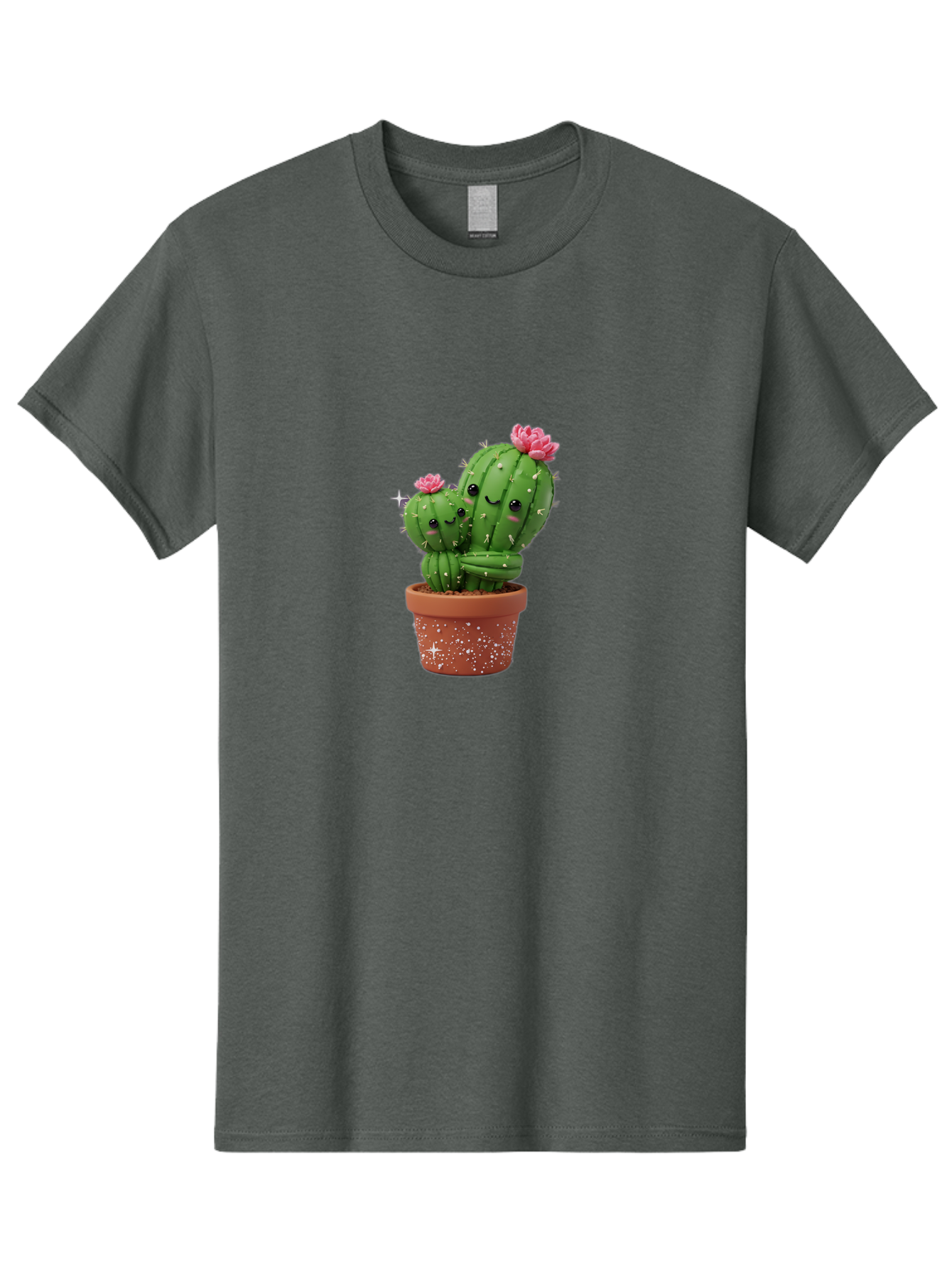 Cuddly-Cacti Men'S Graphic Tee, 100% Cotton, Comfortable Casual Summer Wear, Machine Washable, Hugging Cacti, Cute Cartoon Style, Smiling Faces, Pink Flowers, Red Pot, White Sparkles, Kawaii, Desert Plants, Adorable Decoration, Fun Gift Bac953