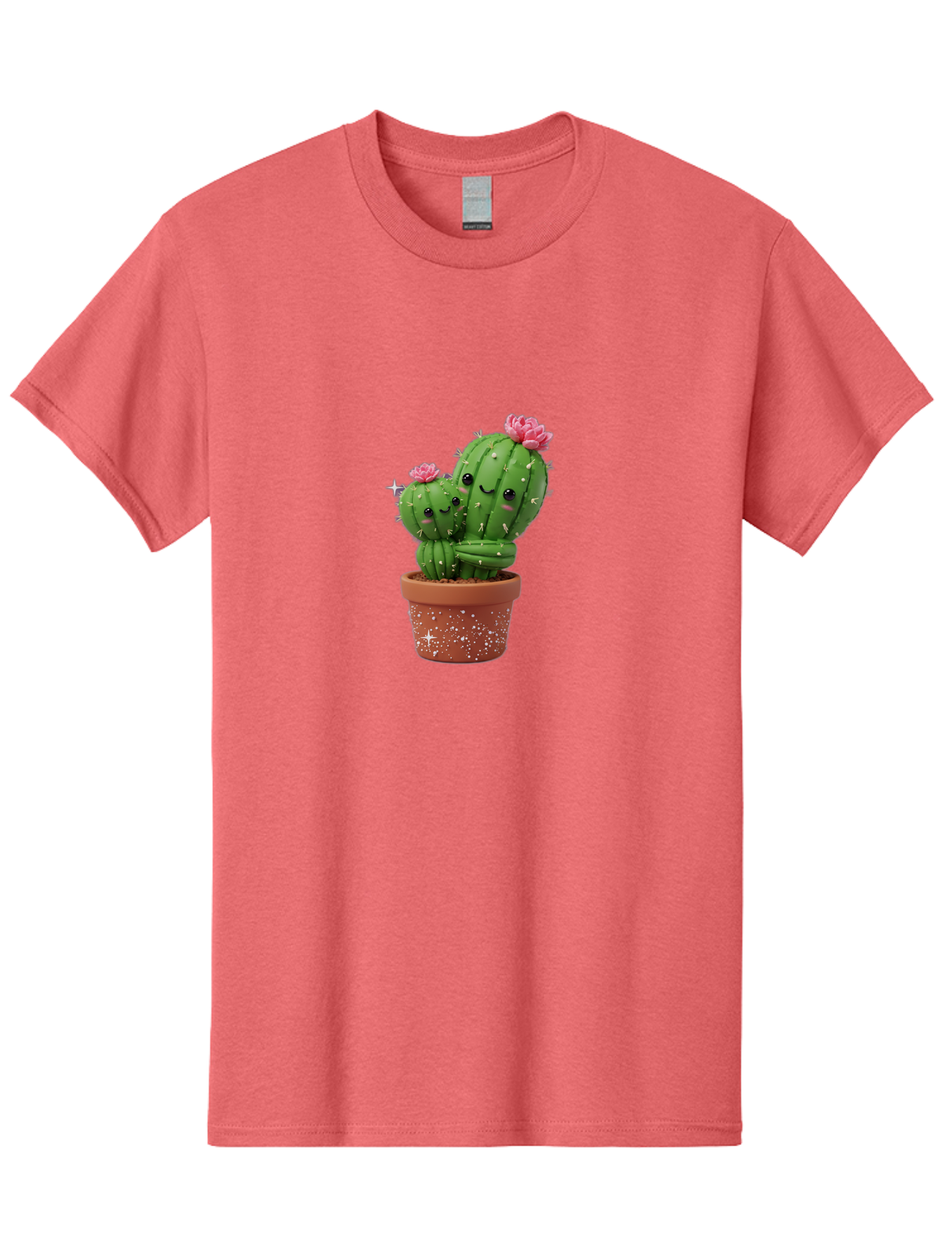 Cuddly-Cacti Men'S Graphic Tee, 100% Cotton, Comfortable Casual Summer Wear, Machine Washable, Hugging Cacti, Cute Cartoon Style, Smiling Faces, Pink Flowers, Red Pot, White Sparkles, Kawaii, Desert Plants, Adorable Decoration, Fun Gift Bac953
