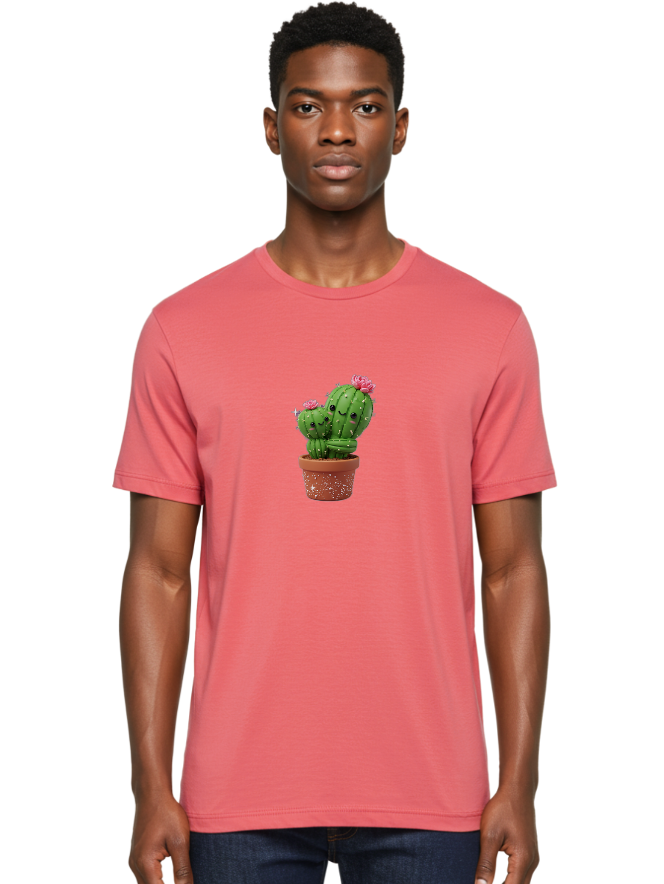 Cuddly-Cacti Men'S Graphic Tee, 100% Cotton, Comfortable Casual Summer Wear, Machine Washable, Hugging Cacti, Cute Cartoon Style, Smiling Faces, Pink Flowers, Red Pot, White Sparkles, Kawaii, Desert Plants, Adorable Decoration, Fun Gift Bac953