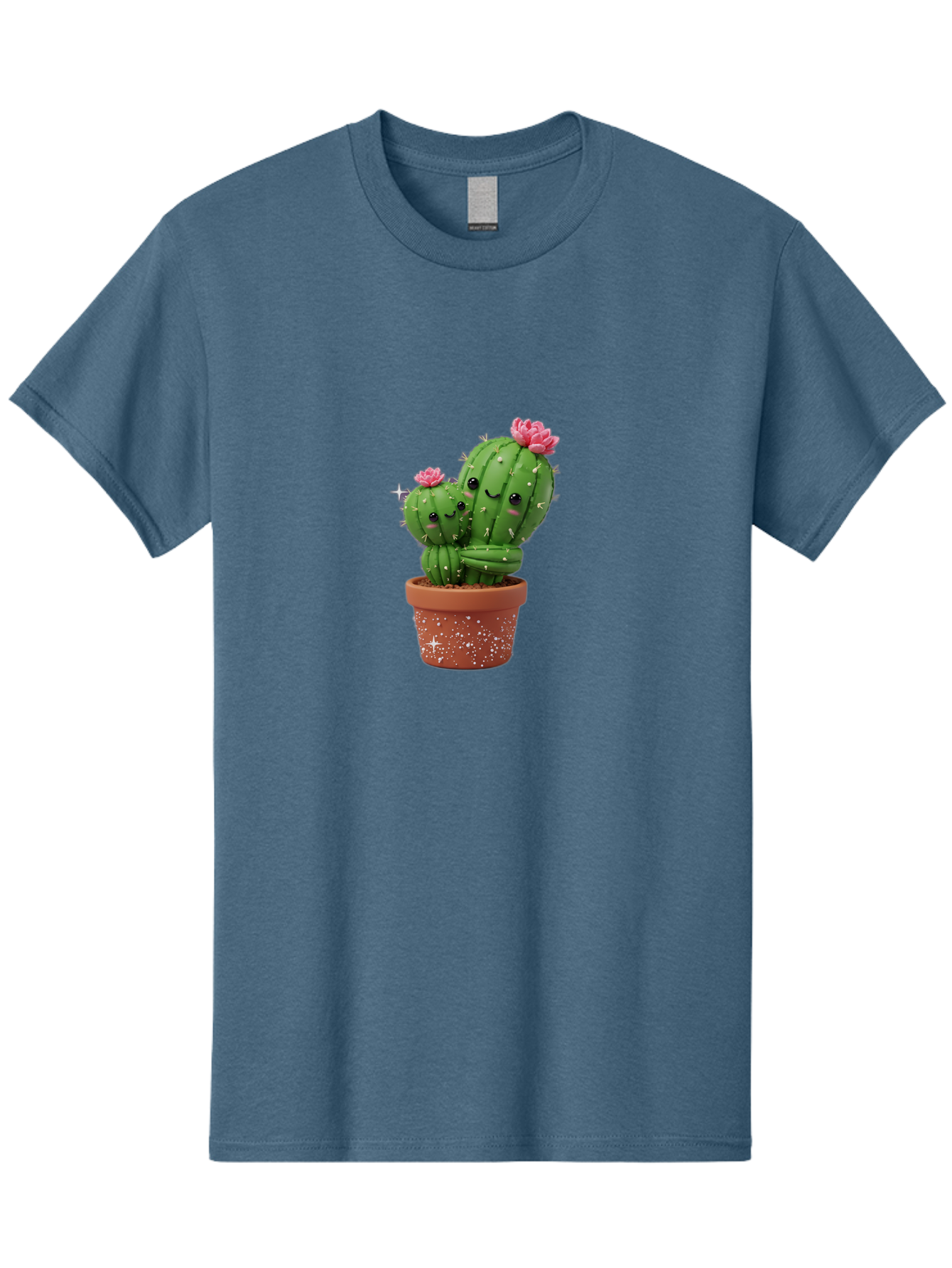 Cuddly-Cacti Men'S Graphic Tee, 100% Cotton, Comfortable Casual Summer Wear, Machine Washable, Hugging Cacti, Cute Cartoon Style, Smiling Faces, Pink Flowers, Red Pot, White Sparkles, Kawaii, Desert Plants, Adorable Decoration, Fun Gift Bac953