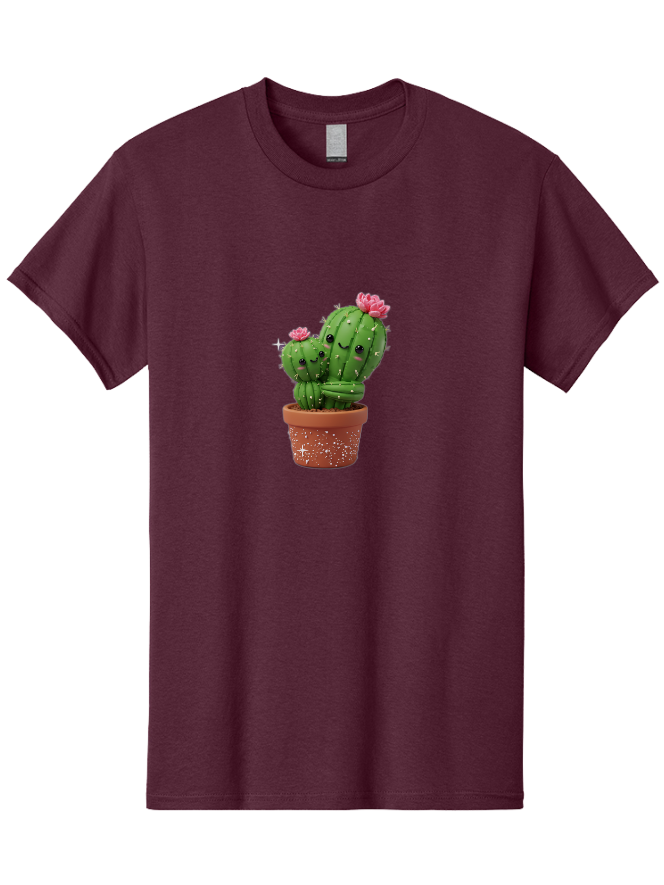 Cuddly-Cacti Men'S Graphic Tee, 100% Cotton, Comfortable Casual Summer Wear, Machine Washable, Hugging Cacti, Cute Cartoon Style, Smiling Faces, Pink Flowers, Red Pot, White Sparkles, Kawaii, Desert Plants, Adorable Decoration, Fun Gift Bac953
