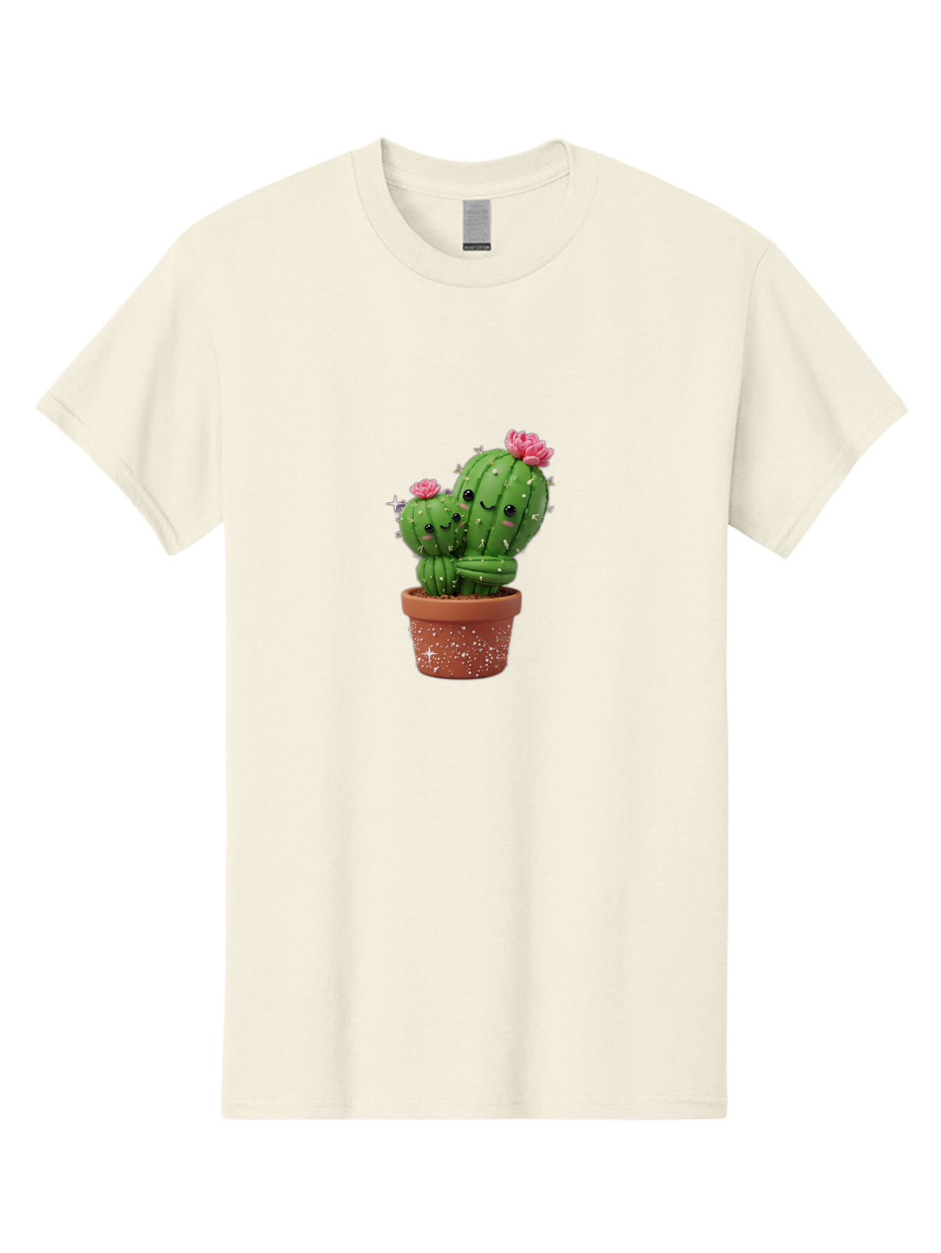 Cuddly-Cacti Men'S Graphic Tee, 100% Cotton, Comfortable Casual Summer Wear, Machine Washable, Hugging Cacti, Cute Cartoon Style, Smiling Faces, Pink Flowers, Red Pot, White Sparkles, Kawaii, Desert Plants, Adorable Decoration, Fun Gift Bac953