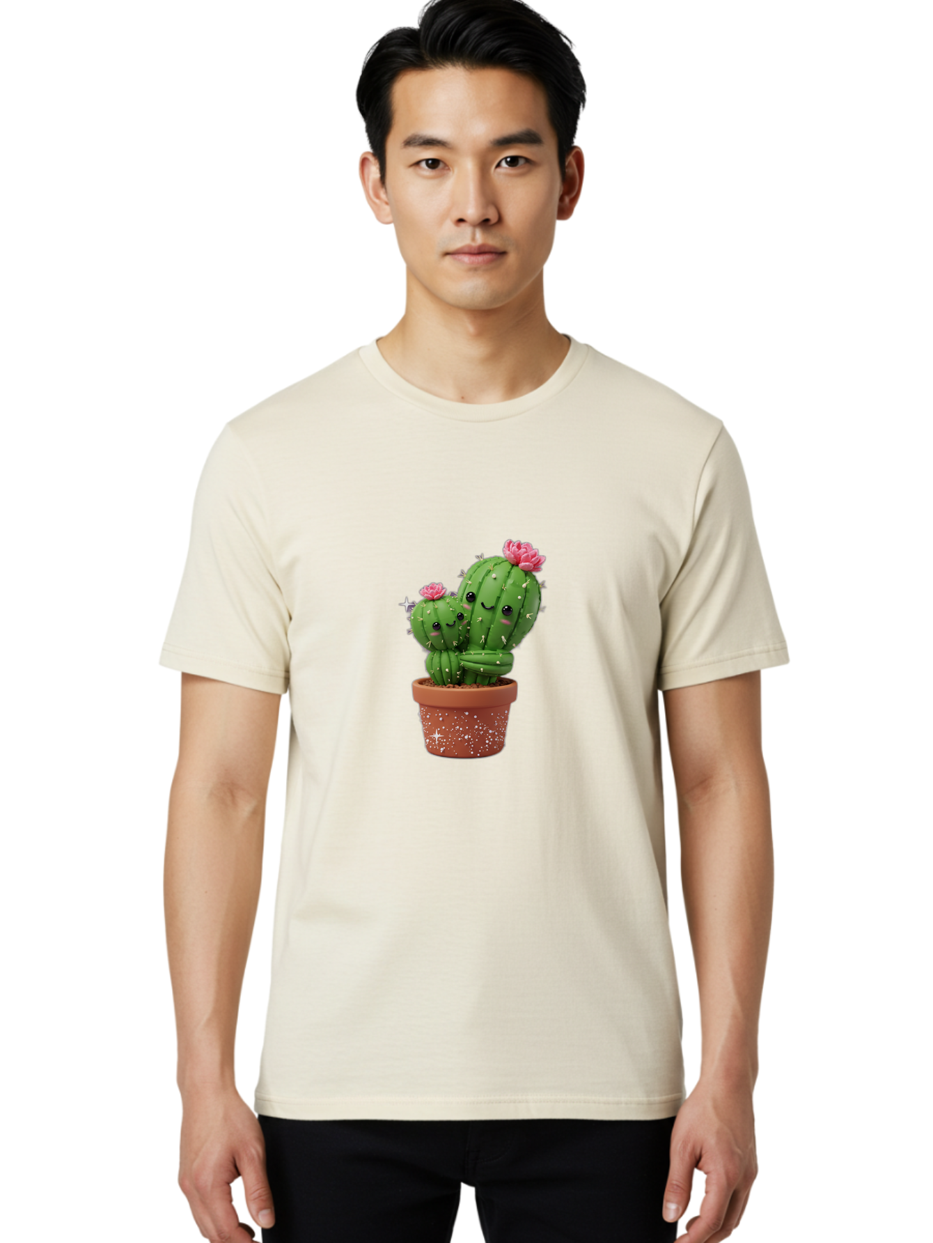 Cuddly-Cacti Men'S Graphic Tee, 100% Cotton, Comfortable Casual Summer Wear, Machine Washable, Hugging Cacti, Cute Cartoon Style, Smiling Faces, Pink Flowers, Red Pot, White Sparkles, Kawaii, Desert Plants, Adorable Decoration, Fun Gift Bac953