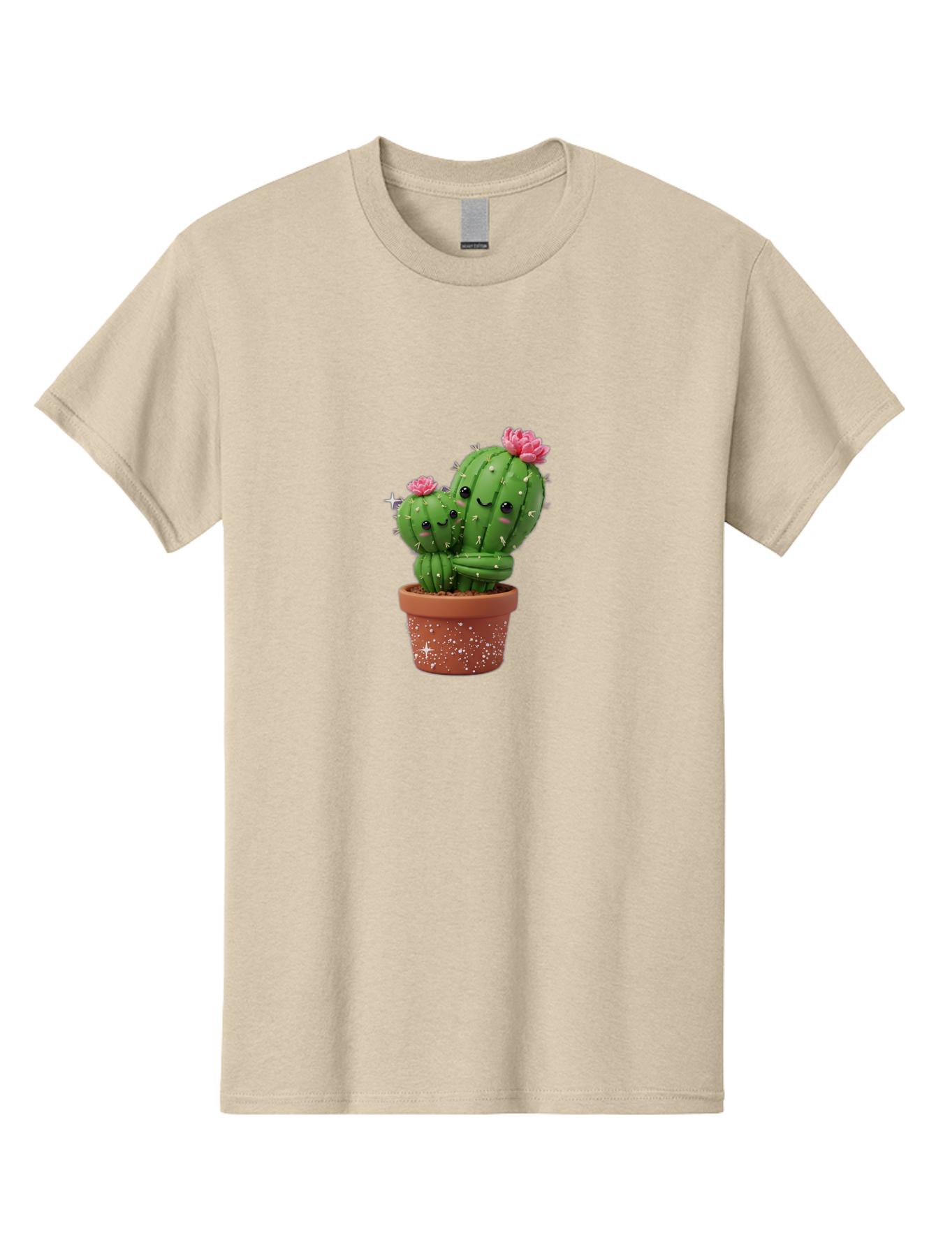Cuddly-Cacti Men'S Graphic Tee, 100% Cotton, Comfortable Casual Summer Wear, Machine Washable, Hugging Cacti, Cute Cartoon Style, Smiling Faces, Pink Flowers, Red Pot, White Sparkles, Kawaii, Desert Plants, Adorable Decoration, Fun Gift Bac953