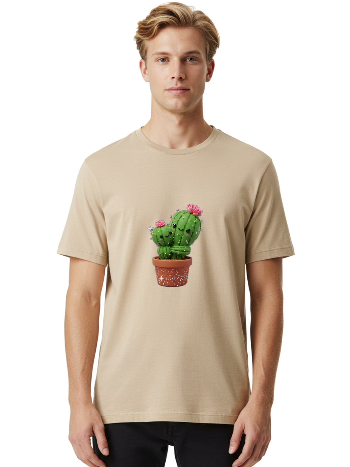 Cuddly-Cacti Men'S Graphic Tee, 100% Cotton, Comfortable Casual Summer Wear, Machine Washable, Hugging Cacti, Cute Cartoon Style, Smiling Faces, Pink Flowers, Red Pot, White Sparkles, Kawaii, Desert Plants, Adorable Decoration, Fun Gift Bac953