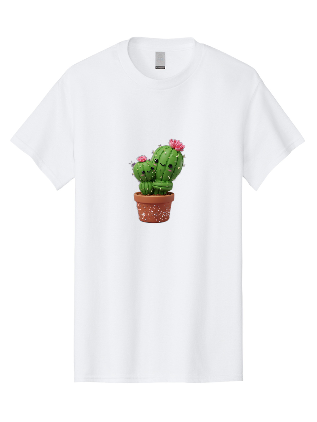 Cuddly-Cacti Men'S Graphic Tee, 100% Cotton, Comfortable Casual Summer Wear, Machine Washable, Hugging Cacti, Cute Cartoon Style, Smiling Faces, Pink Flowers, Red Pot, White Sparkles, Kawaii, Desert Plants, Adorable Decoration, Fun Gift Bac953