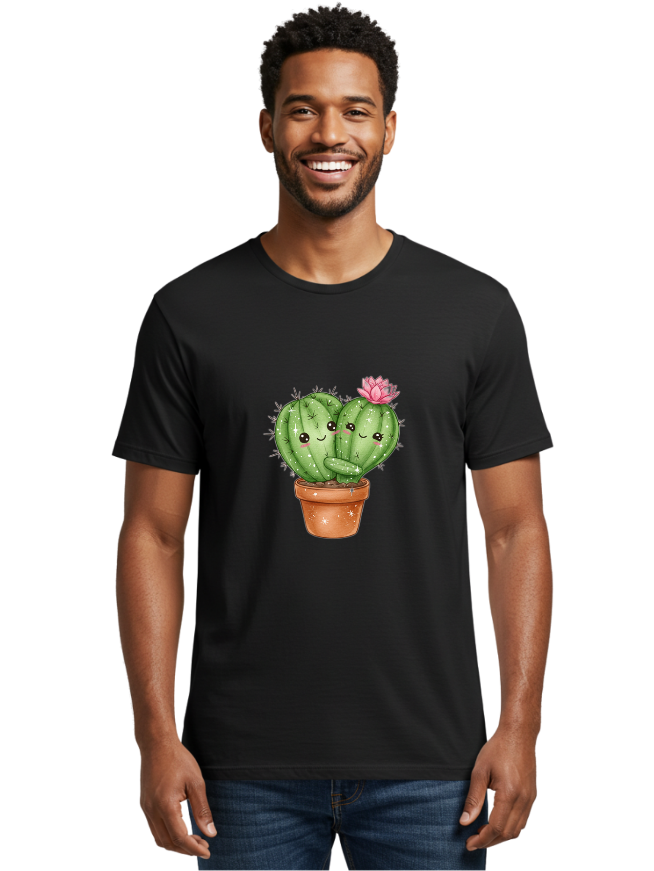 Cuddly-Cactus Men'S Graphic Tee, 100% Cotton, Comfortable Casual Summer Wear, Machine Washable, Cute Cacti, Cuddling Cacti, Cartoon Cactus, Adorable Plants, Potted Cactus, Pink Flower, Smiling Faces, Kawaii Art, Cactus Love, Cartoon Hearts, Bac954