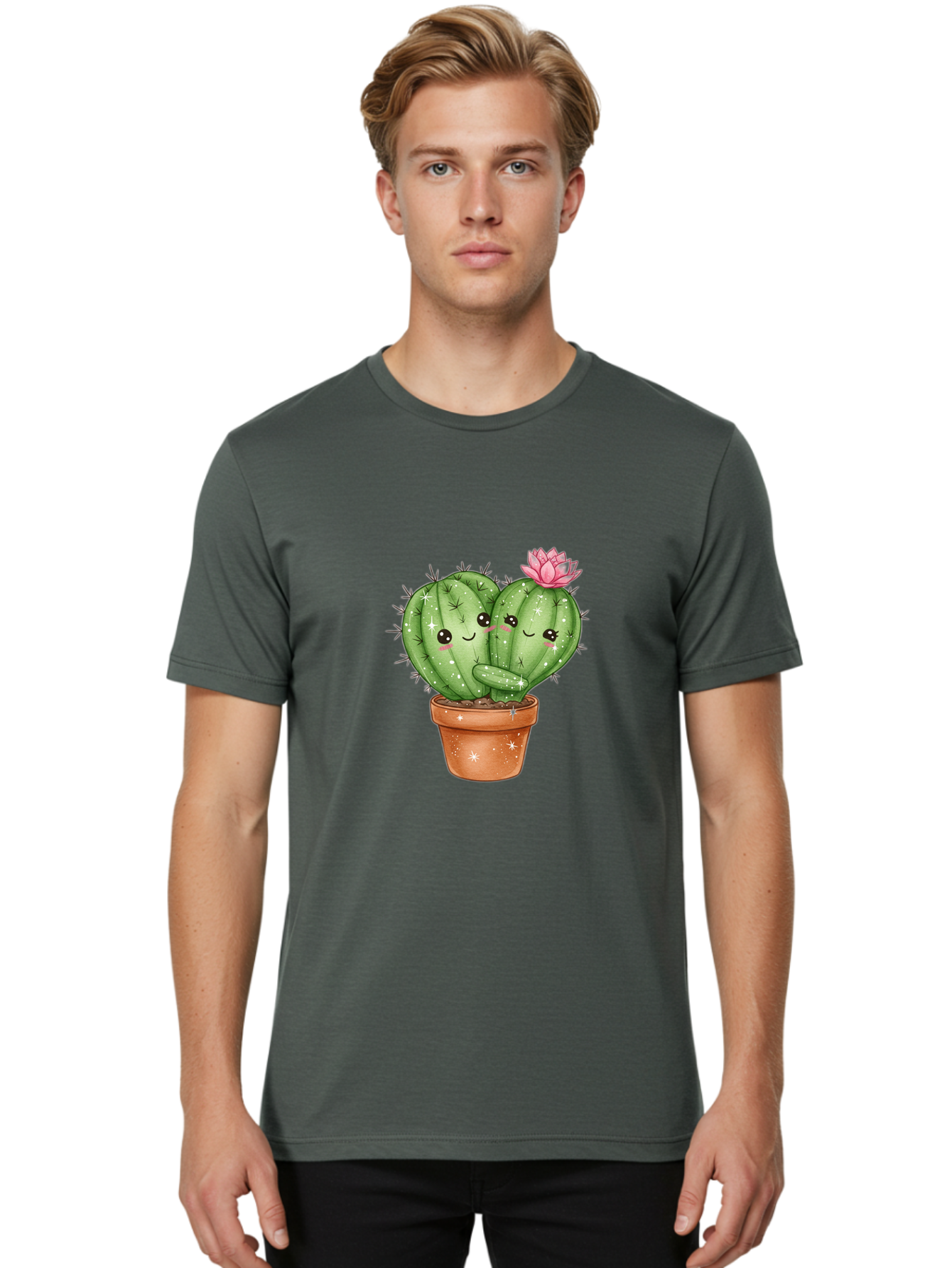 Cuddly-Cactus Men'S Graphic Tee, 100% Cotton, Comfortable Casual Summer Wear, Machine Washable, Cute Cacti, Cuddling Cacti, Cartoon Cactus, Adorable Plants, Potted Cactus, Pink Flower, Smiling Faces, Kawaii Art, Cactus Love, Cartoon Hearts, Bac954