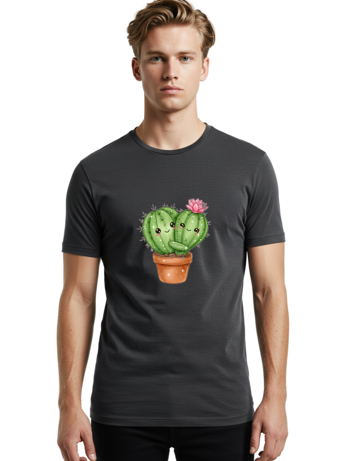 Cuddly-Cactus Men'S Graphic Tee, 100% Cotton, Comfortable Casual Summer Wear, Machine Washable, Cute Cacti, Cuddling Cacti, Cartoon Cactus, Adorable Plants, Potted Cactus, Pink Flower, Smiling Faces, Kawaii Art, Cactus Love, Cartoon Hearts, Bac954