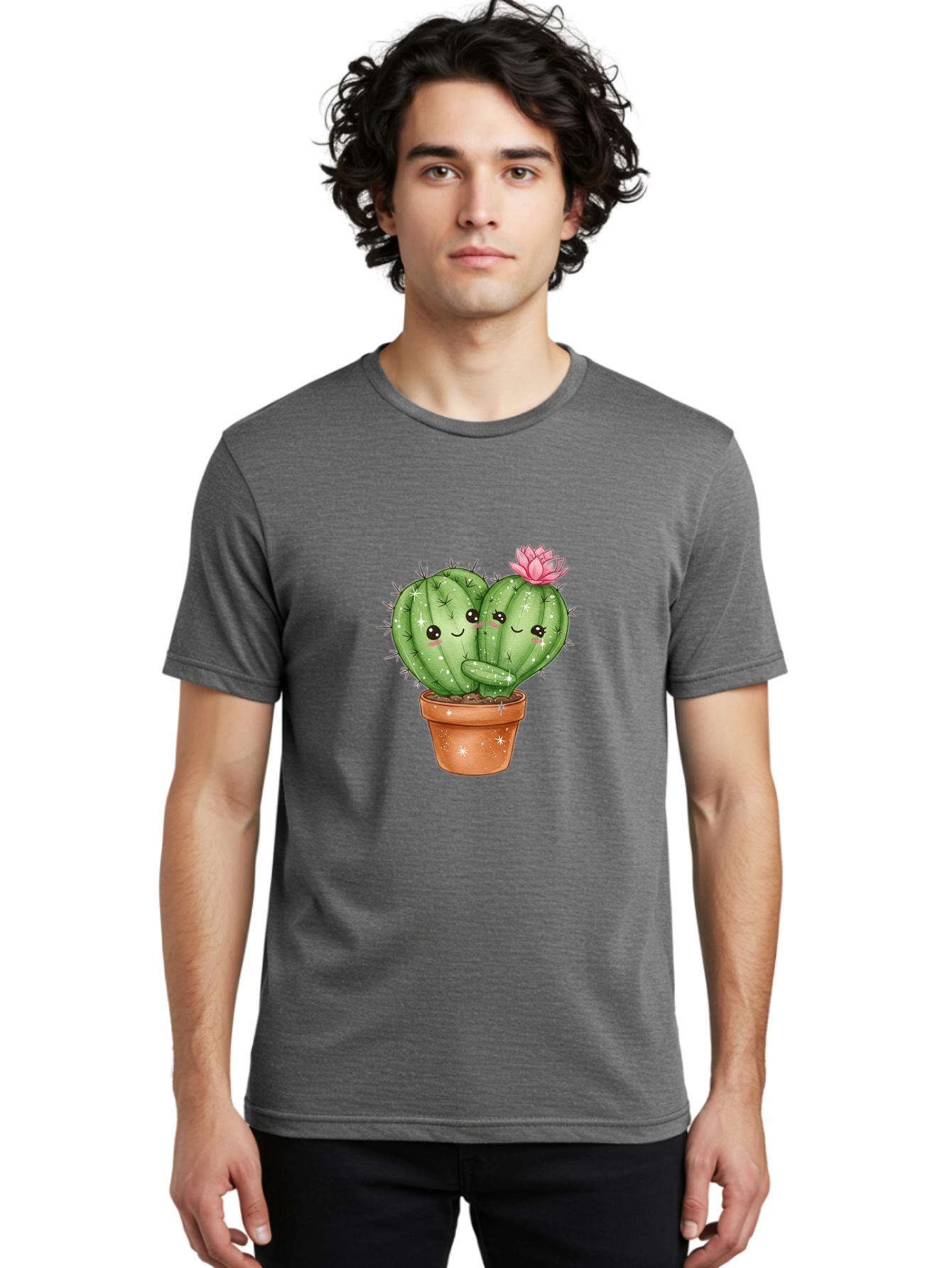 Cuddly-Cactus Men'S Graphic Tee, 100% Cotton, Comfortable Casual Summer Wear, Machine Washable, Cute Cacti, Cuddling Cacti, Cartoon Cactus, Adorable Plants, Potted Cactus, Pink Flower, Smiling Faces, Kawaii Art, Cactus Love, Cartoon Hearts, Bac954