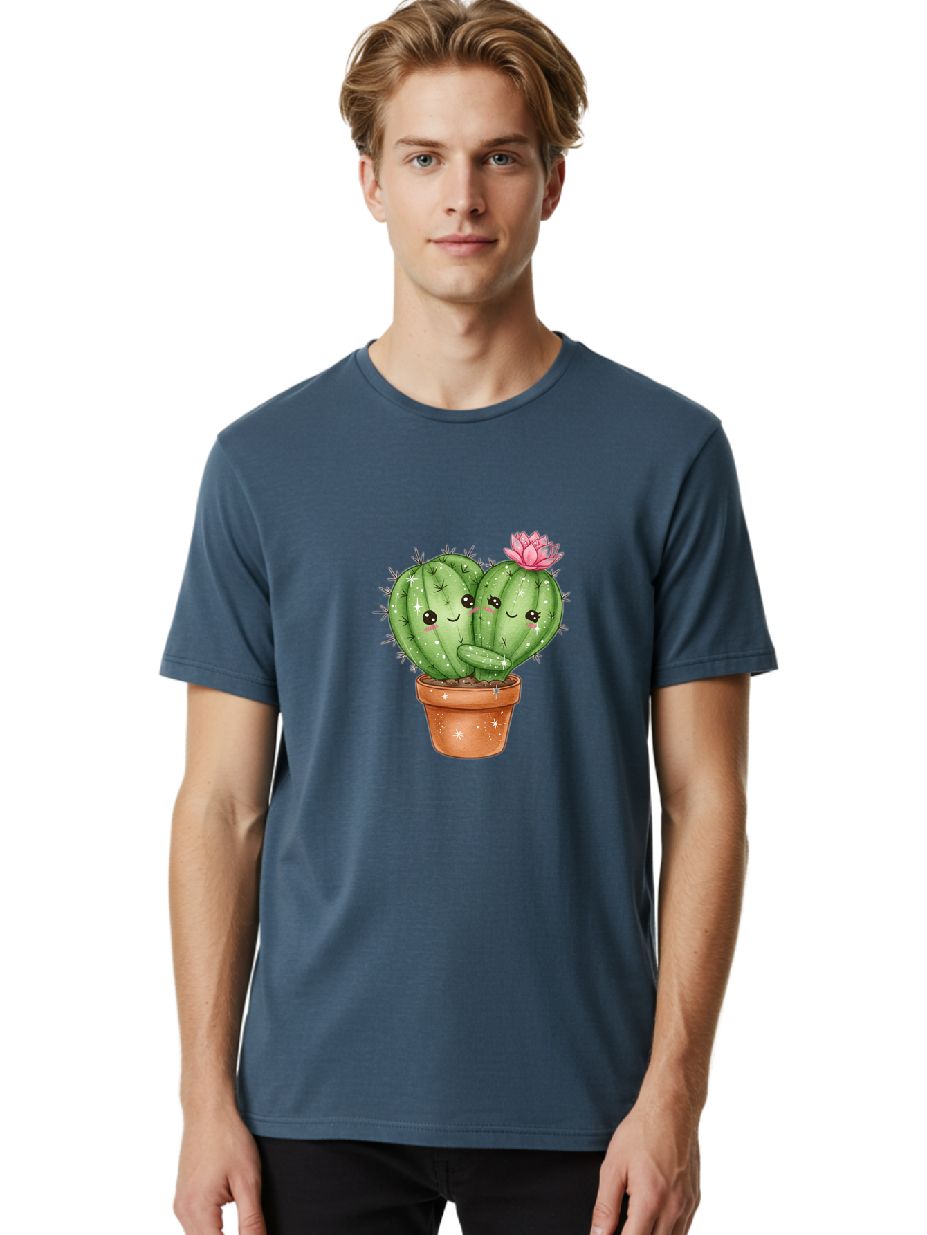 Cuddly-Cactus Men'S Graphic Tee, 100% Cotton, Comfortable Casual Summer Wear, Machine Washable, Cute Cacti, Cuddling Cacti, Cartoon Cactus, Adorable Plants, Potted Cactus, Pink Flower, Smiling Faces, Kawaii Art, Cactus Love, Cartoon Hearts, Bac954