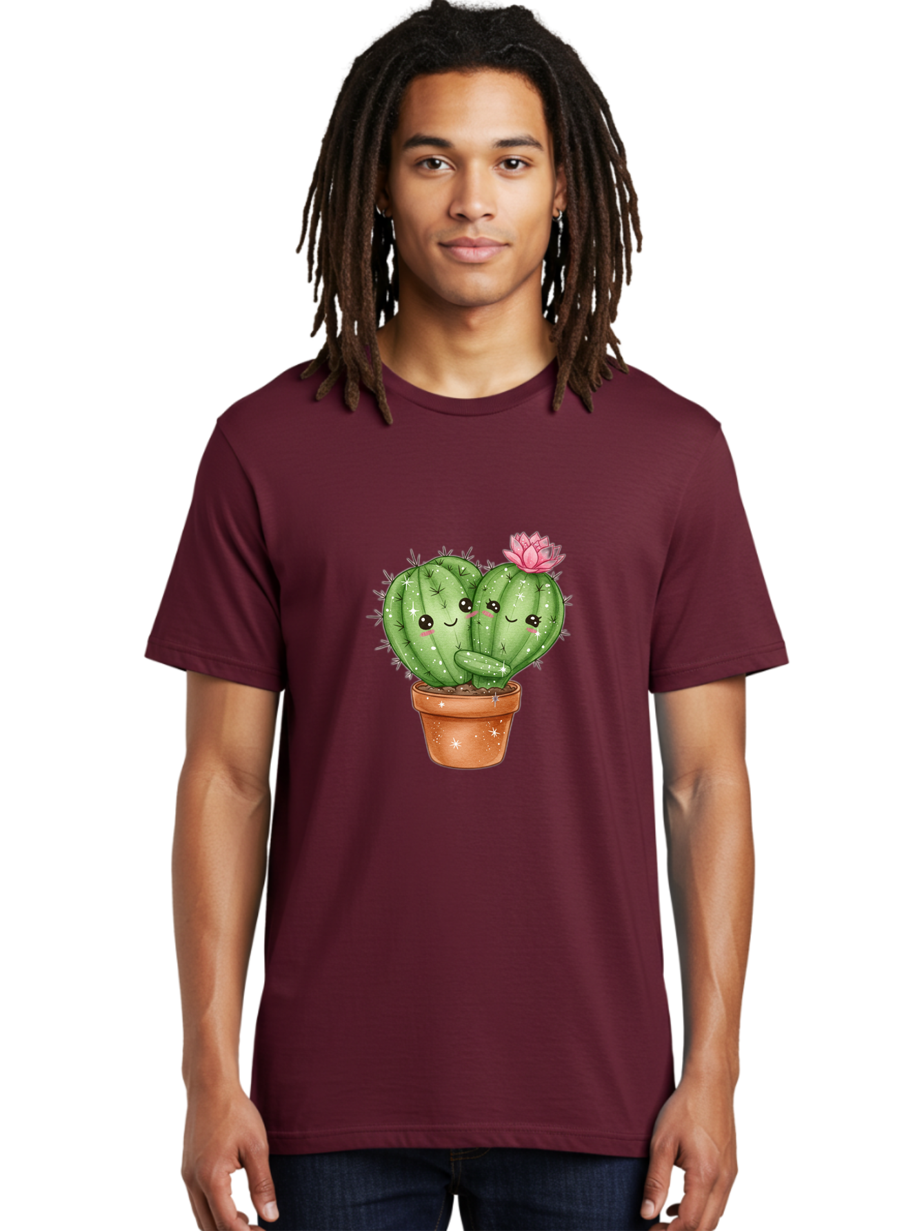 Cuddly-Cactus Men'S Graphic Tee, 100% Cotton, Comfortable Casual Summer Wear, Machine Washable, Cute Cacti, Cuddling Cacti, Cartoon Cactus, Adorable Plants, Potted Cactus, Pink Flower, Smiling Faces, Kawaii Art, Cactus Love, Cartoon Hearts, Bac954