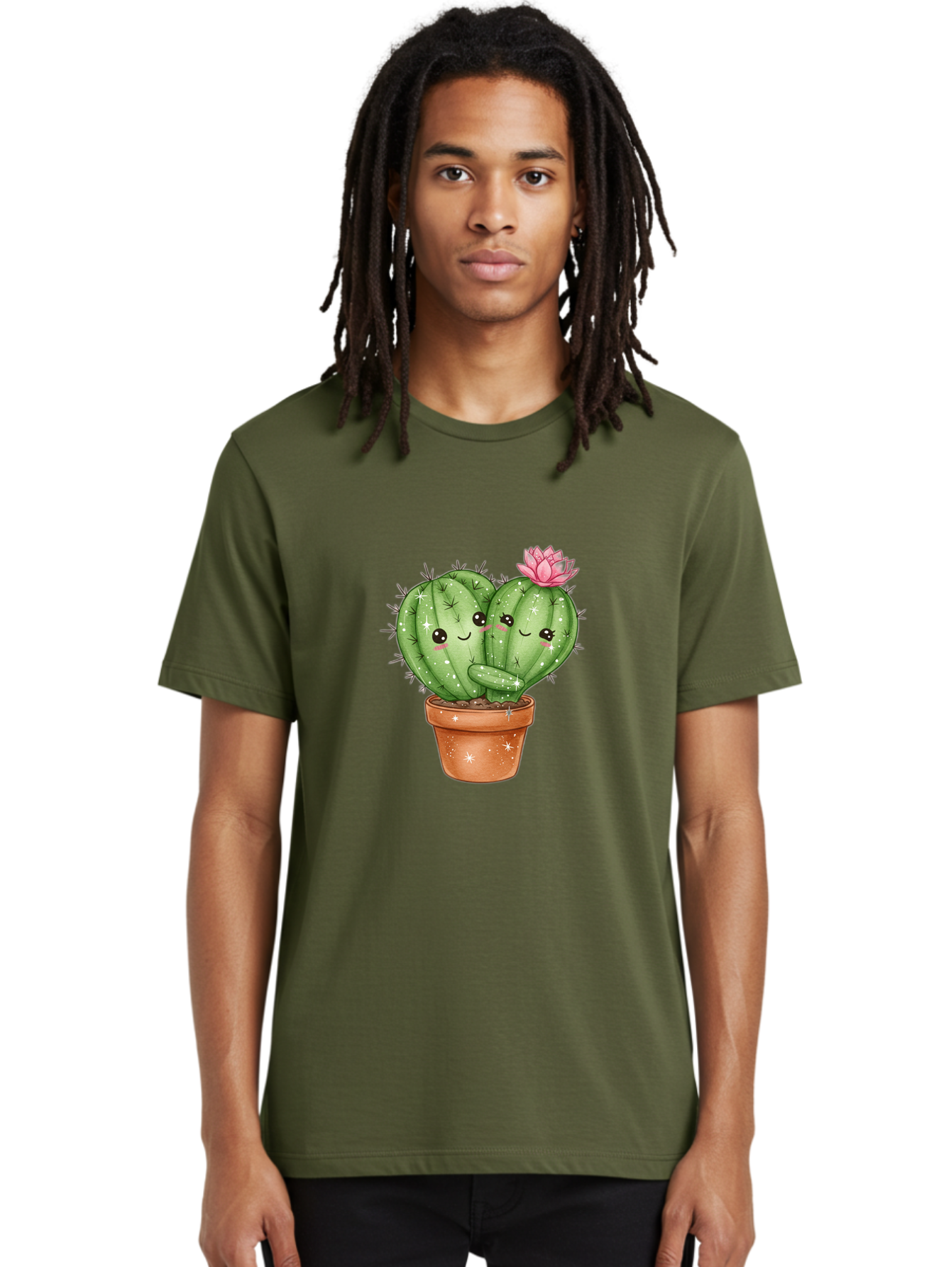 Cuddly-Cactus Men'S Graphic Tee, 100% Cotton, Comfortable Casual Summer Wear, Machine Washable, Cute Cacti, Cuddling Cacti, Cartoon Cactus, Adorable Plants, Potted Cactus, Pink Flower, Smiling Faces, Kawaii Art, Cactus Love, Cartoon Hearts, Bac954