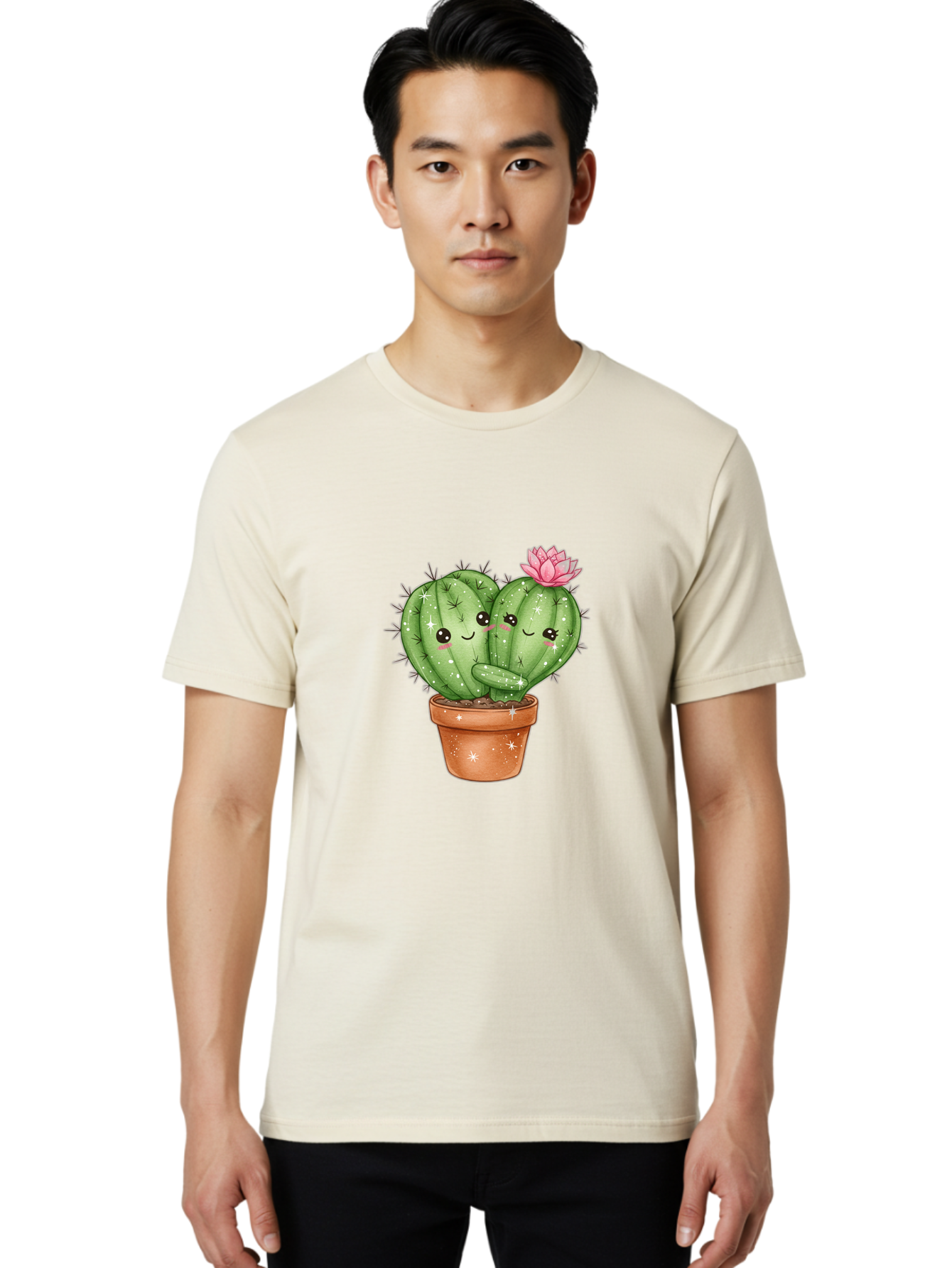 Cuddly-Cactus Men'S Graphic Tee, 100% Cotton, Comfortable Casual Summer Wear, Machine Washable, Cute Cacti, Cuddling Cacti, Cartoon Cactus, Adorable Plants, Potted Cactus, Pink Flower, Smiling Faces, Kawaii Art, Cactus Love, Cartoon Hearts, Bac954