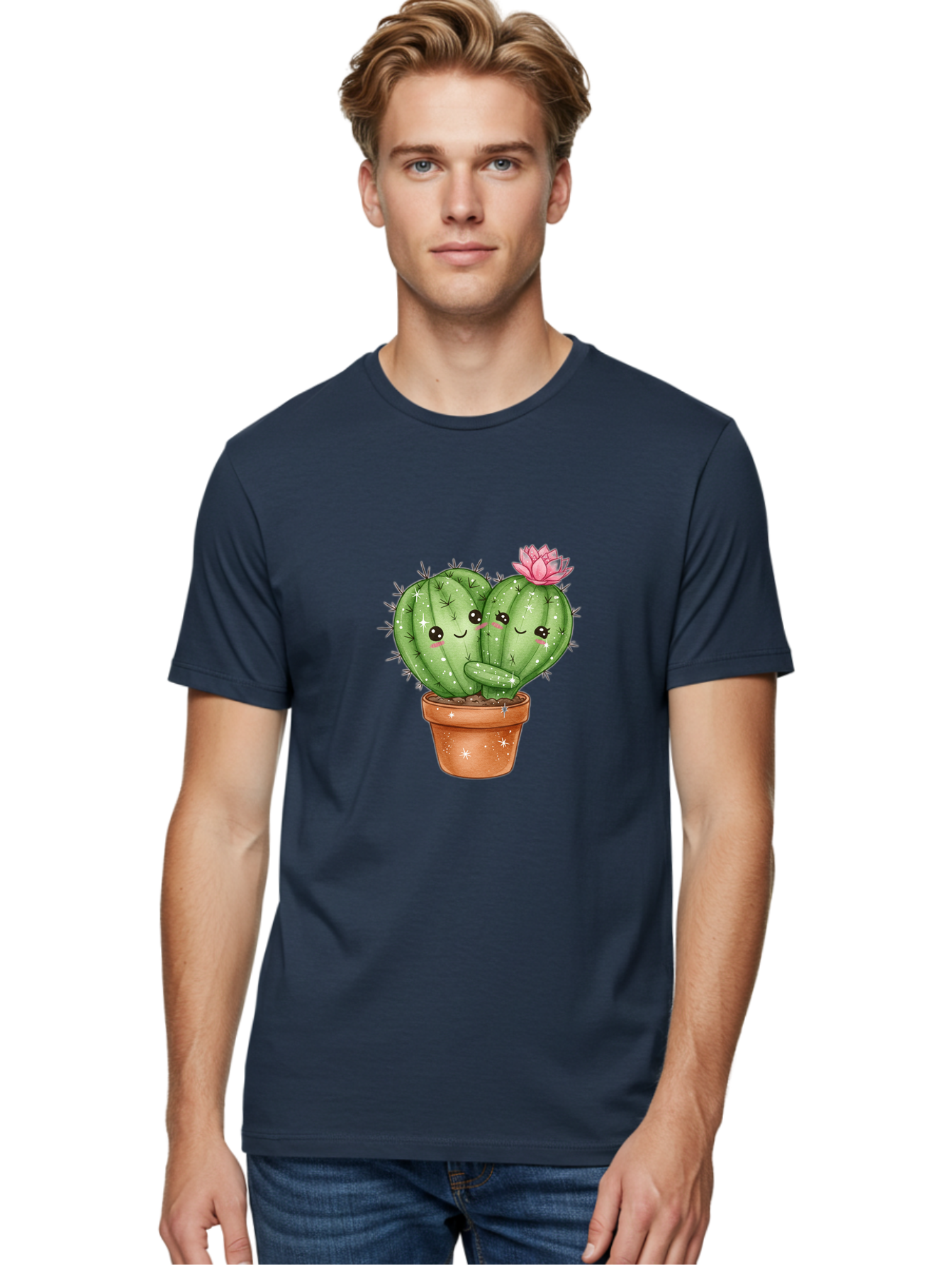 Cuddly-Cactus Men'S Graphic Tee, 100% Cotton, Comfortable Casual Summer Wear, Machine Washable, Cute Cacti, Cuddling Cacti, Cartoon Cactus, Adorable Plants, Potted Cactus, Pink Flower, Smiling Faces, Kawaii Art, Cactus Love, Cartoon Hearts, Bac954