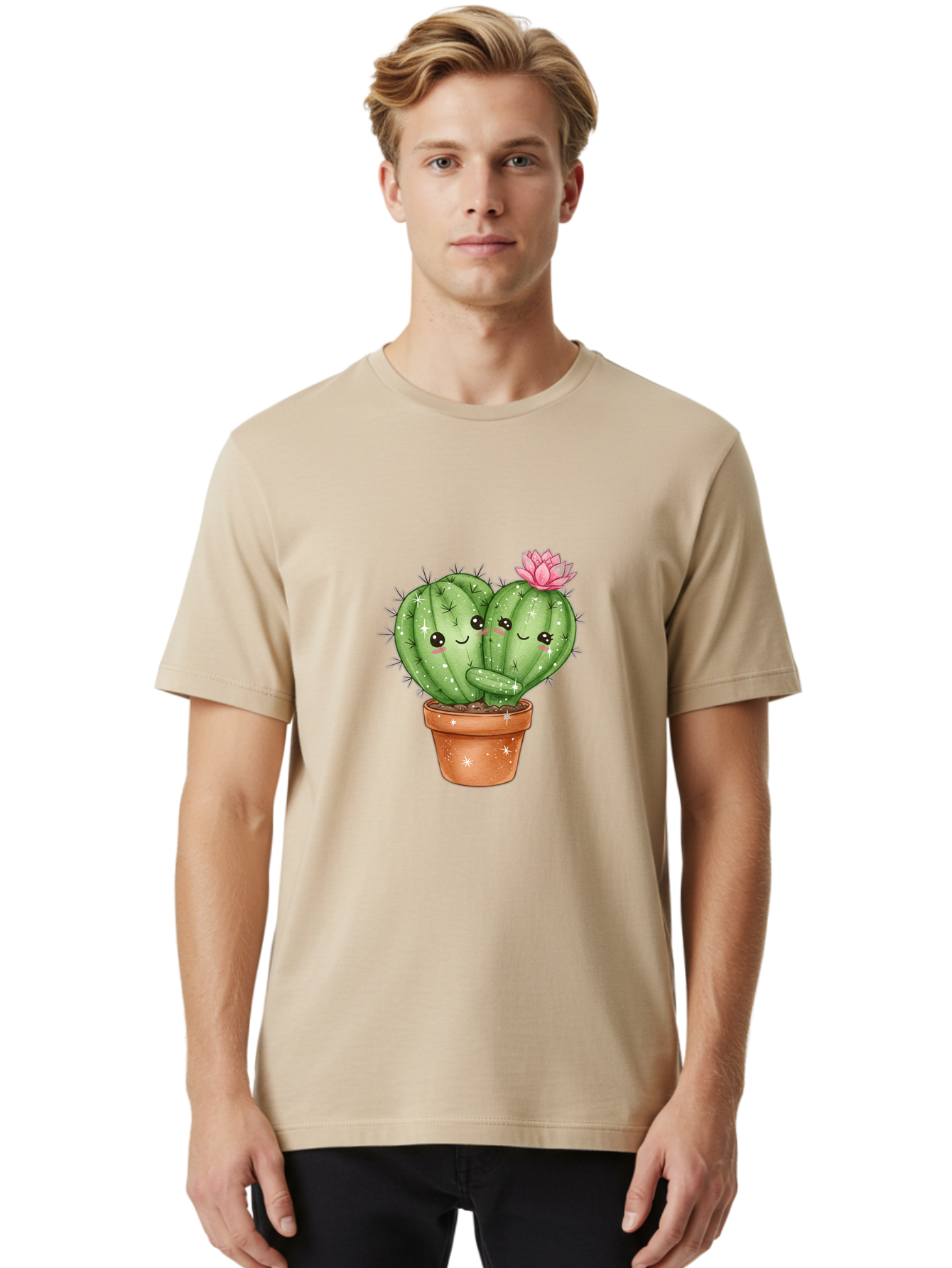 Cuddly-Cactus Men'S Graphic Tee, 100% Cotton, Comfortable Casual Summer Wear, Machine Washable, Cute Cacti, Cuddling Cacti, Cartoon Cactus, Adorable Plants, Potted Cactus, Pink Flower, Smiling Faces, Kawaii Art, Cactus Love, Cartoon Hearts, Bac954