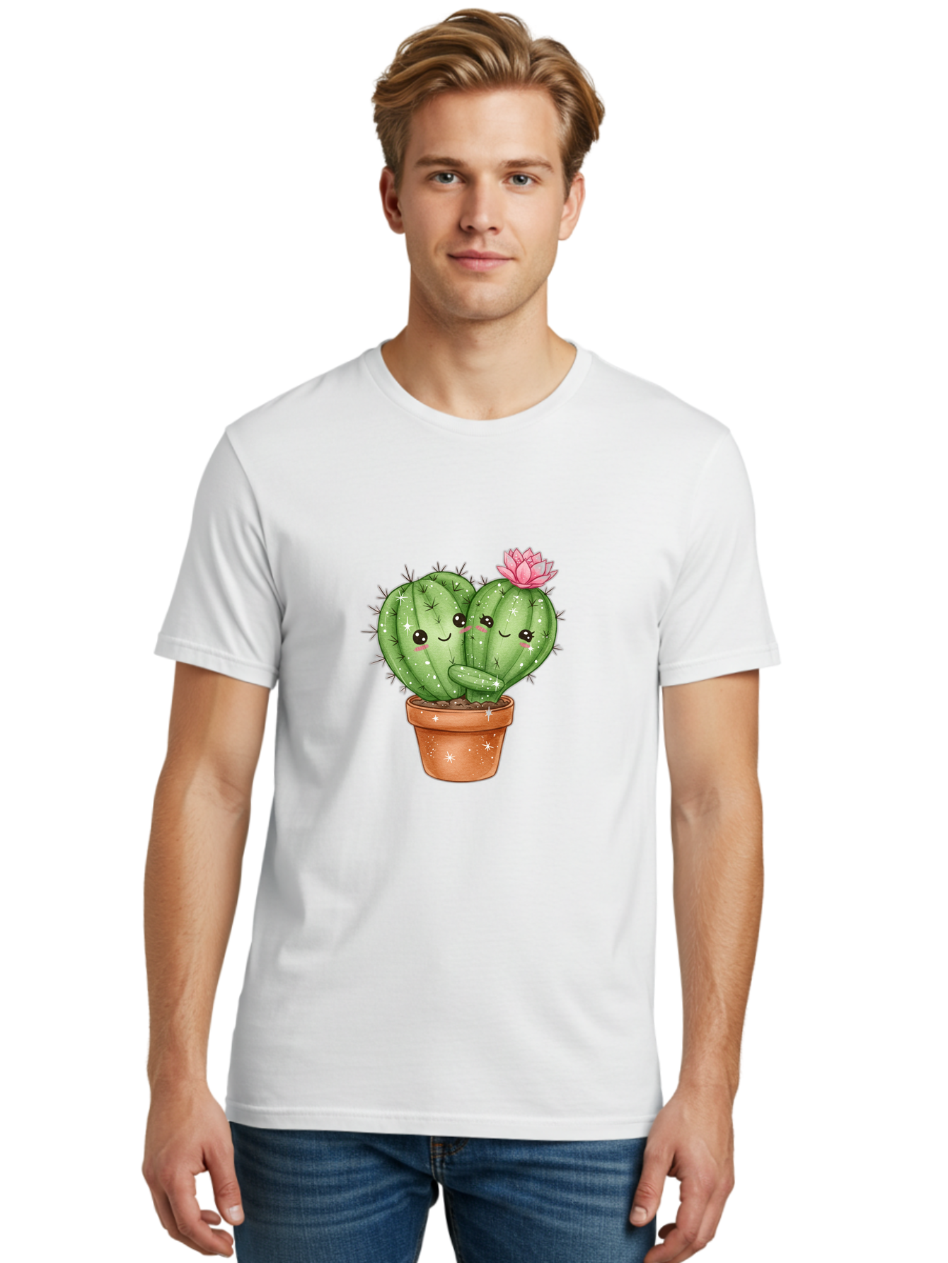 Cuddly-Cactus Men'S Graphic Tee, 100% Cotton, Comfortable Casual Summer Wear, Machine Washable, Cute Cacti, Cuddling Cacti, Cartoon Cactus, Adorable Plants, Potted Cactus, Pink Flower, Smiling Faces, Kawaii Art, Cactus Love, Cartoon Hearts, Bac954