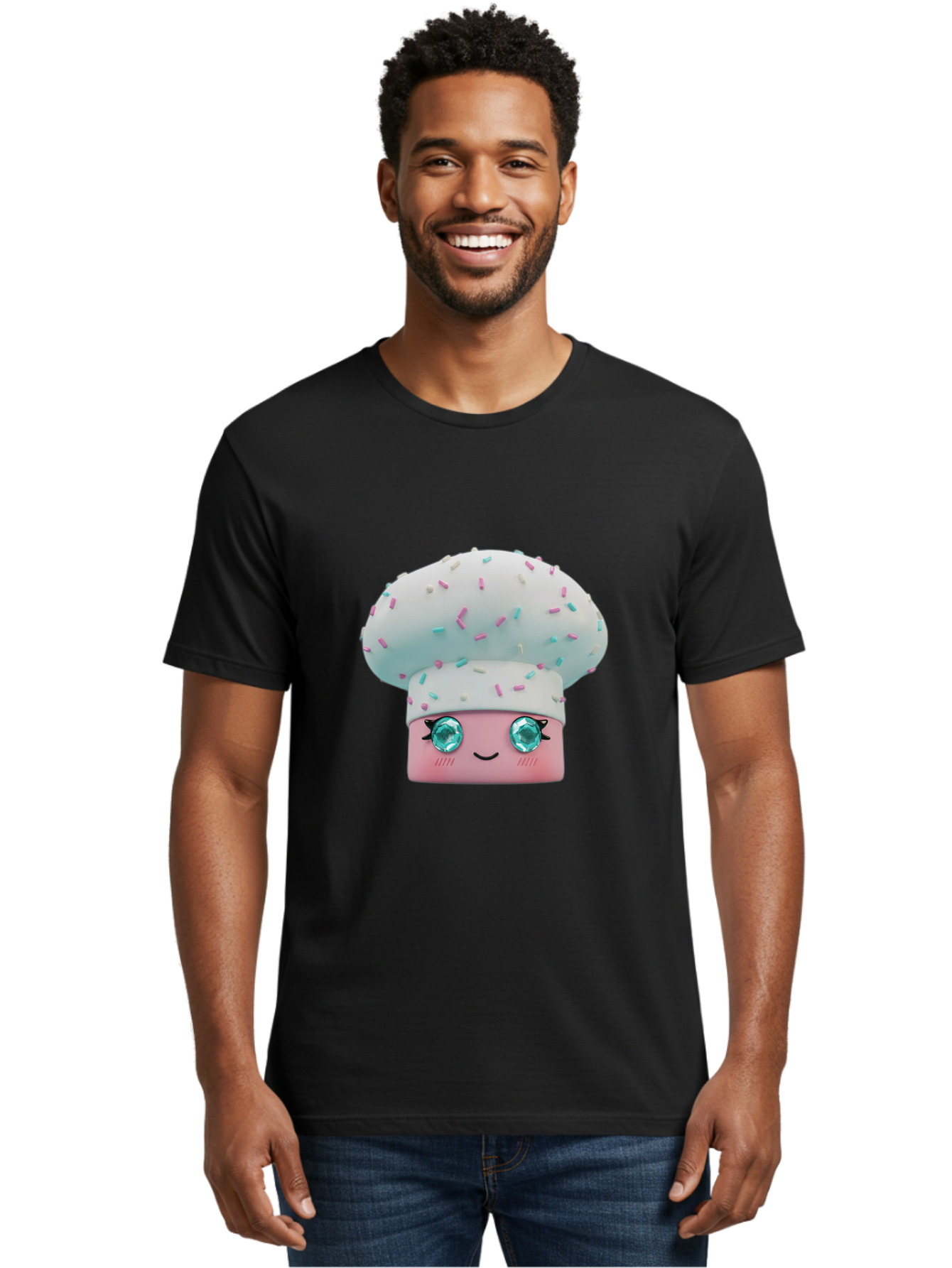 Cup-Cake Men'S Graphic Tee, 100% Cotton, Comfortable Casual Summer Wear, Machine Washable, Smiling Cupcake, Cute Treats, Sweet Tooth, Pastel Colors, Gemstone Eyes, Cartoon Character, Bakery Delight, Dessert Love, Whimsical Design, Bac955