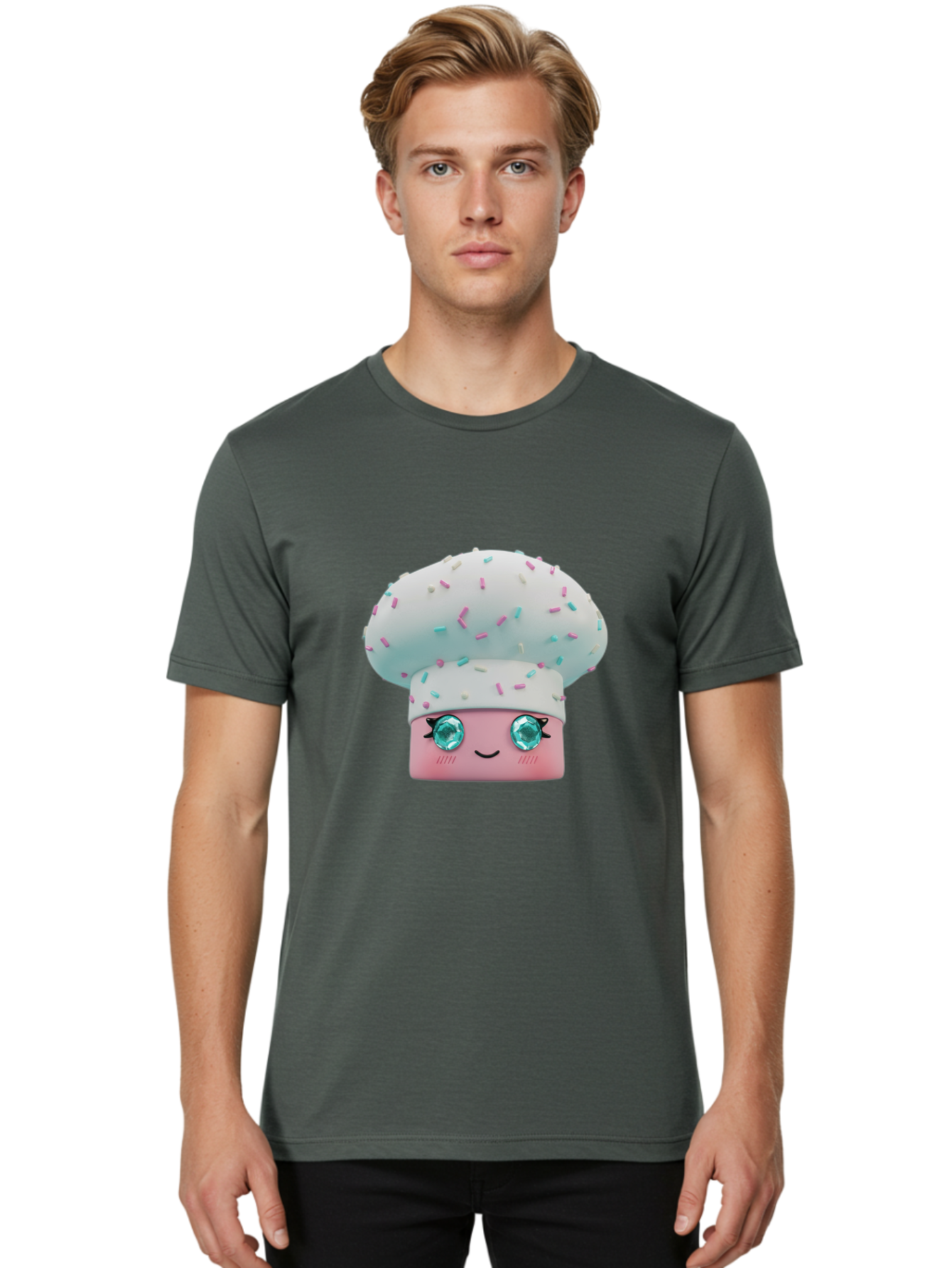 Cup-Cake Men'S Graphic Tee, 100% Cotton, Comfortable Casual Summer Wear, Machine Washable, Smiling Cupcake, Cute Treats, Sweet Tooth, Pastel Colors, Gemstone Eyes, Cartoon Character, Bakery Delight, Dessert Love, Whimsical Design, Bac955