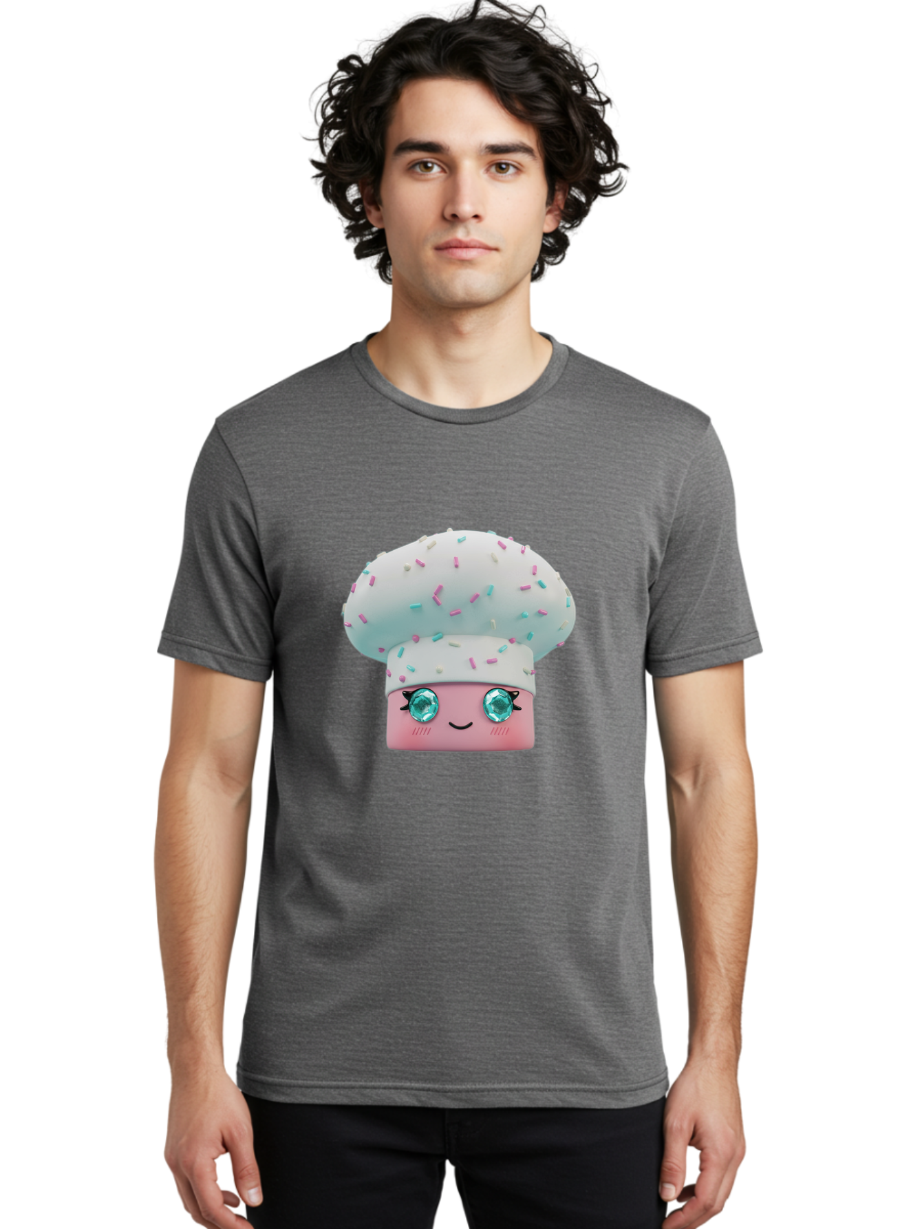 Cup-Cake Men'S Graphic Tee, 100% Cotton, Comfortable Casual Summer Wear, Machine Washable, Smiling Cupcake, Cute Treats, Sweet Tooth, Pastel Colors, Gemstone Eyes, Cartoon Character, Bakery Delight, Dessert Love, Whimsical Design, Bac955