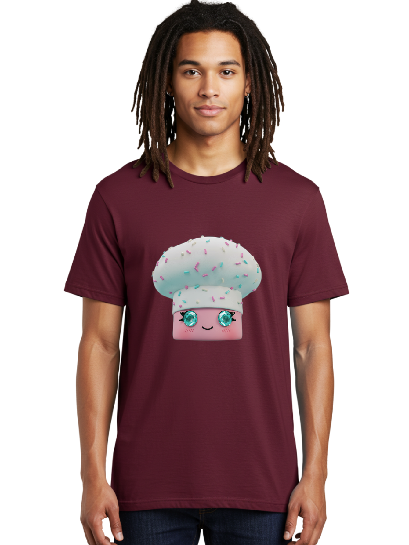 Cup-Cake Men'S Graphic Tee, 100% Cotton, Comfortable Casual Summer Wear, Machine Washable, Smiling Cupcake, Cute Treats, Sweet Tooth, Pastel Colors, Gemstone Eyes, Cartoon Character, Bakery Delight, Dessert Love, Whimsical Design, Bac955