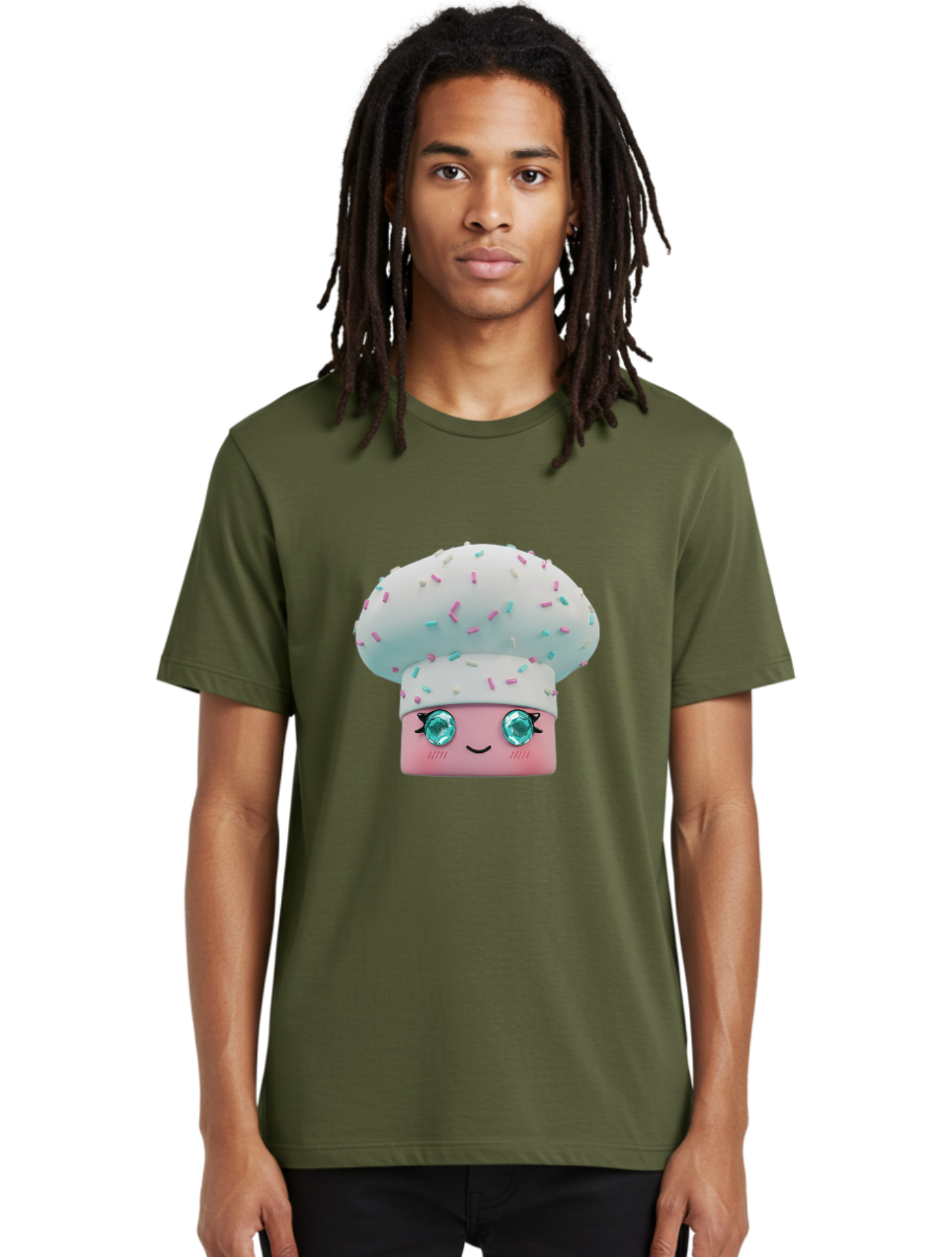 Cup-Cake Men'S Graphic Tee, 100% Cotton, Comfortable Casual Summer Wear, Machine Washable, Smiling Cupcake, Cute Treats, Sweet Tooth, Pastel Colors, Gemstone Eyes, Cartoon Character, Bakery Delight, Dessert Love, Whimsical Design, Bac955