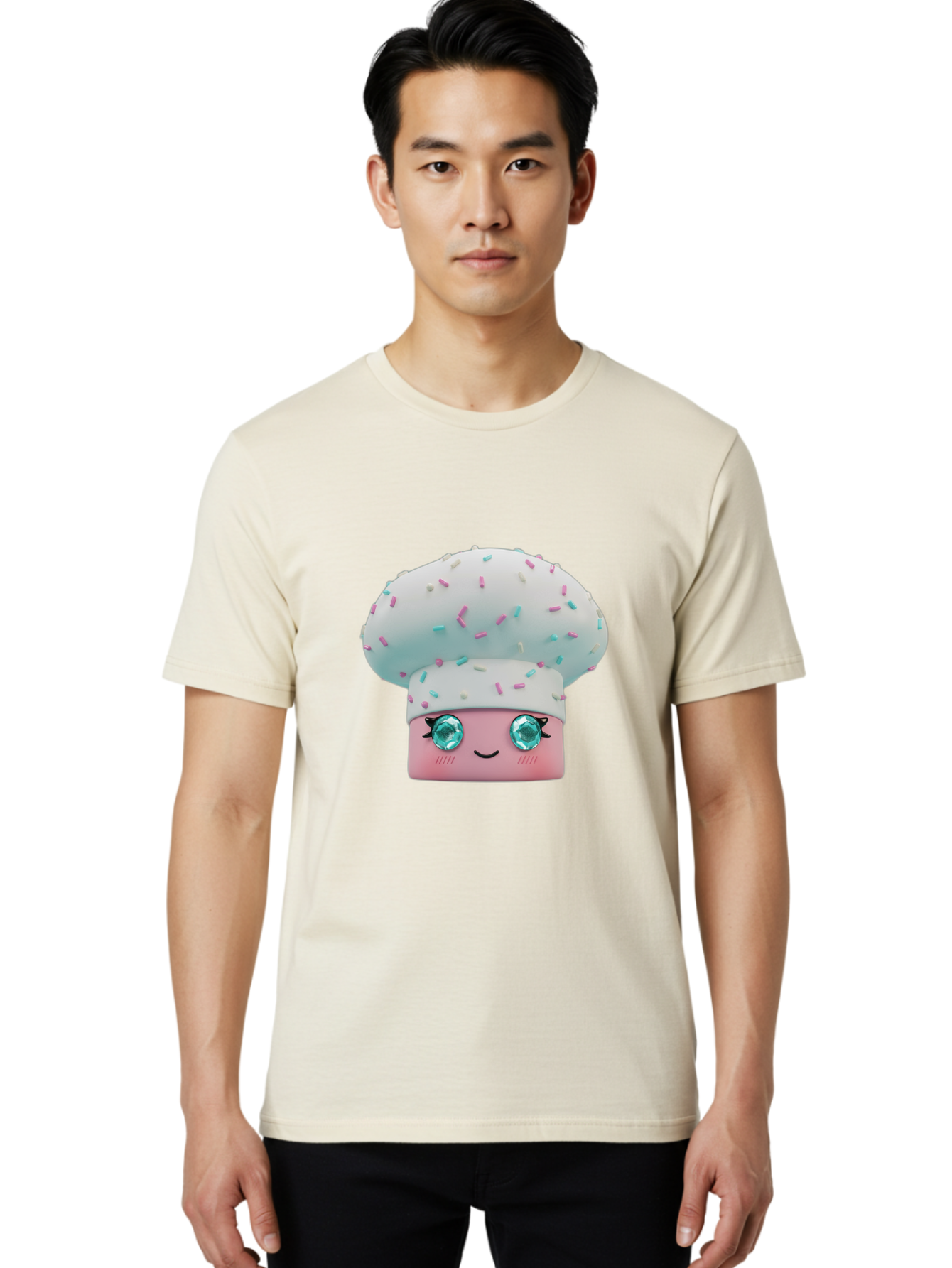 Cup-Cake Men'S Graphic Tee, 100% Cotton, Comfortable Casual Summer Wear, Machine Washable, Smiling Cupcake, Cute Treats, Sweet Tooth, Pastel Colors, Gemstone Eyes, Cartoon Character, Bakery Delight, Dessert Love, Whimsical Design, Bac955