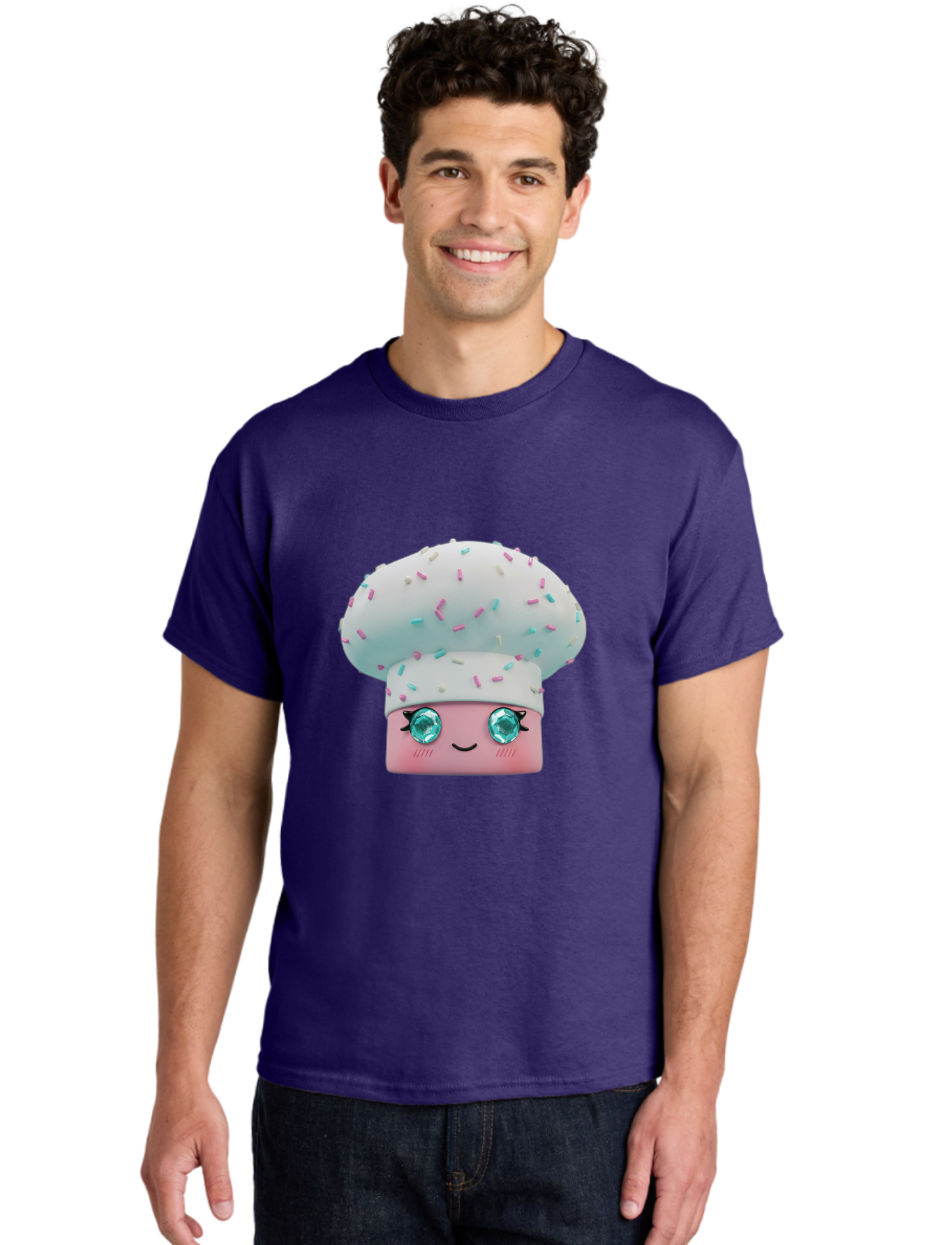 Cup-Cake Men'S Graphic Tee, 100% Cotton, Comfortable Casual Summer Wear, Machine Washable, Smiling Cupcake, Cute Treats, Sweet Tooth, Pastel Colors, Gemstone Eyes, Cartoon Character, Bakery Delight, Dessert Love, Whimsical Design, Bac955