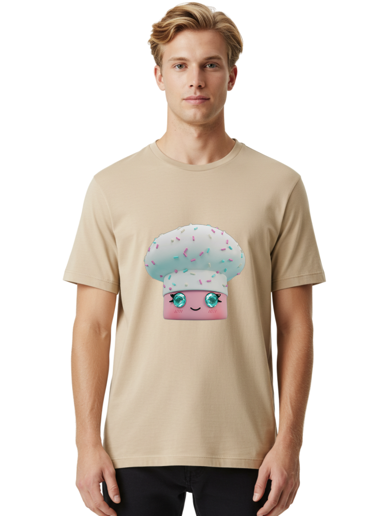 Cup-Cake Men'S Graphic Tee, 100% Cotton, Comfortable Casual Summer Wear, Machine Washable, Smiling Cupcake, Cute Treats, Sweet Tooth, Pastel Colors, Gemstone Eyes, Cartoon Character, Bakery Delight, Dessert Love, Whimsical Design, Bac955
