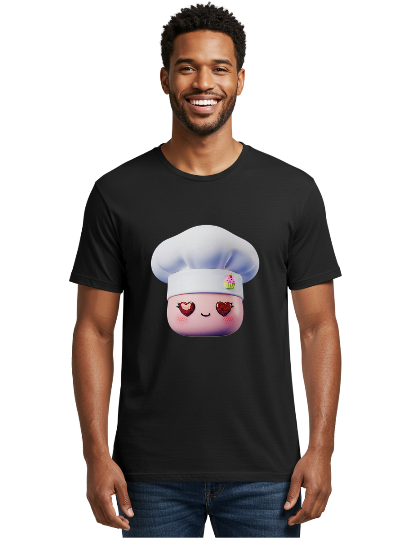 Cupcake-Chef Men'S Graphic Tee, 100% Cotton, Comfortable Casual Summer Wear, Machine Washable, Cartoon Chef, Baker Character, Sweet Treats, Heart-Shaped Eyes, Dessert Design, Baking Love, Pastry Chef Hat, Cute Pastel Colors, Whimsical Bakery Bac956