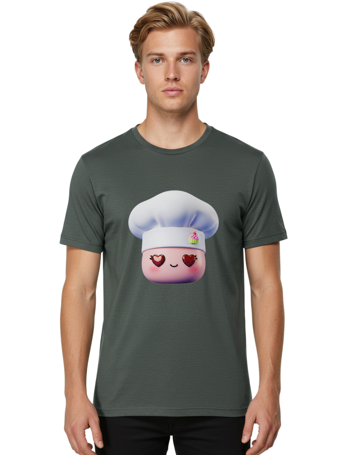 Cupcake-Chef Men'S Graphic Tee, 100% Cotton, Comfortable Casual Summer Wear, Machine Washable, Cartoon Chef, Baker Character, Sweet Treats, Heart-Shaped Eyes, Dessert Design, Baking Love, Pastry Chef Hat, Cute Pastel Colors, Whimsical Bakery Bac956