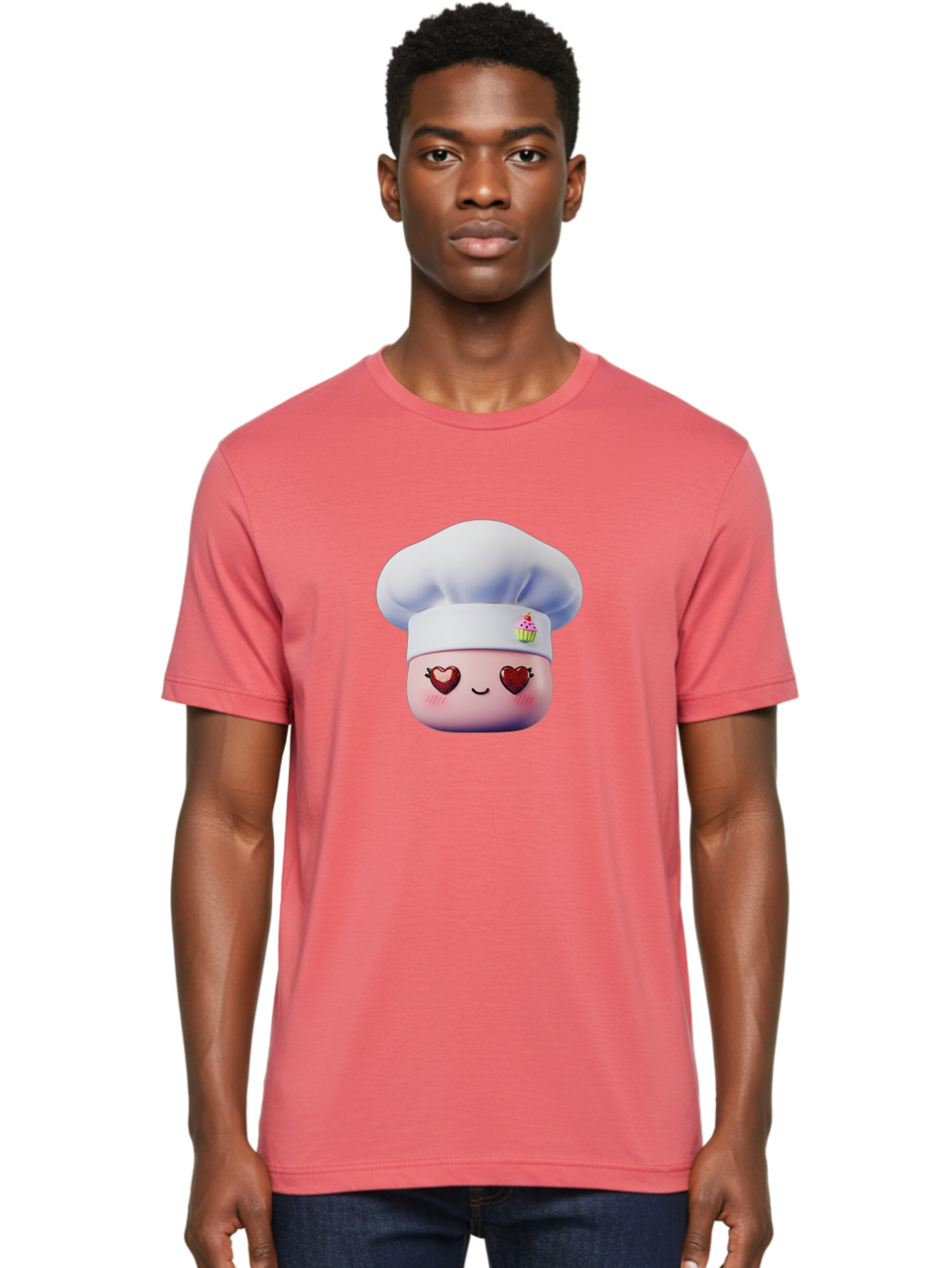 Cupcake-Chef Men'S Graphic Tee, 100% Cotton, Comfortable Casual Summer Wear, Machine Washable, Cartoon Chef, Baker Character, Sweet Treats, Heart-Shaped Eyes, Dessert Design, Baking Love, Pastry Chef Hat, Cute Pastel Colors, Whimsical Bakery Bac956