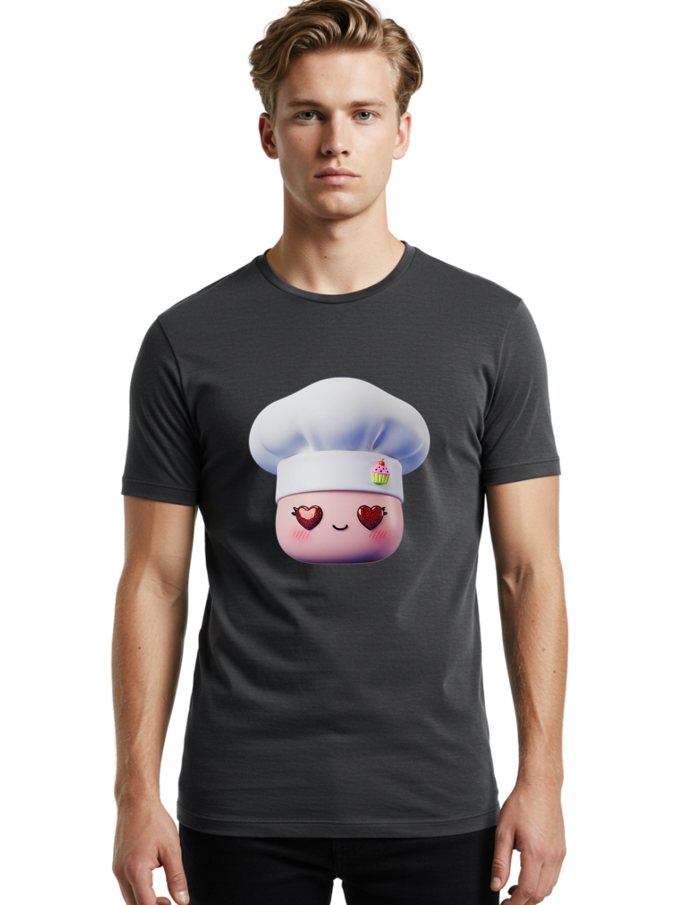 Cupcake-Chef Men'S Graphic Tee, 100% Cotton, Comfortable Casual Summer Wear, Machine Washable, Cartoon Chef, Baker Character, Sweet Treats, Heart-Shaped Eyes, Dessert Design, Baking Love, Pastry Chef Hat, Cute Pastel Colors, Whimsical Bakery Bac956