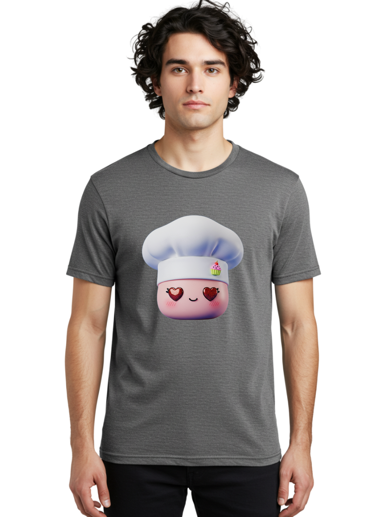 Cupcake-Chef Men'S Graphic Tee, 100% Cotton, Comfortable Casual Summer Wear, Machine Washable, Cartoon Chef, Baker Character, Sweet Treats, Heart-Shaped Eyes, Dessert Design, Baking Love, Pastry Chef Hat, Cute Pastel Colors, Whimsical Bakery Bac956