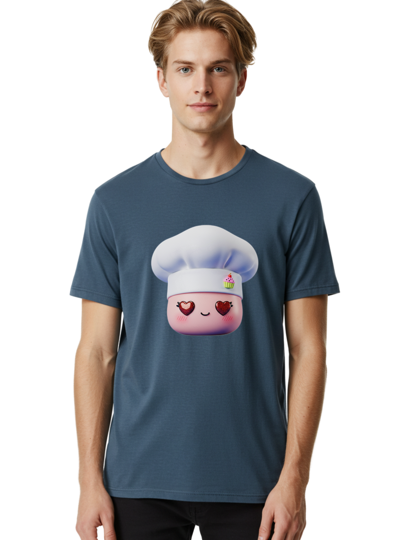 Cupcake-Chef Men'S Graphic Tee, 100% Cotton, Comfortable Casual Summer Wear, Machine Washable, Cartoon Chef, Baker Character, Sweet Treats, Heart-Shaped Eyes, Dessert Design, Baking Love, Pastry Chef Hat, Cute Pastel Colors, Whimsical Bakery Bac956