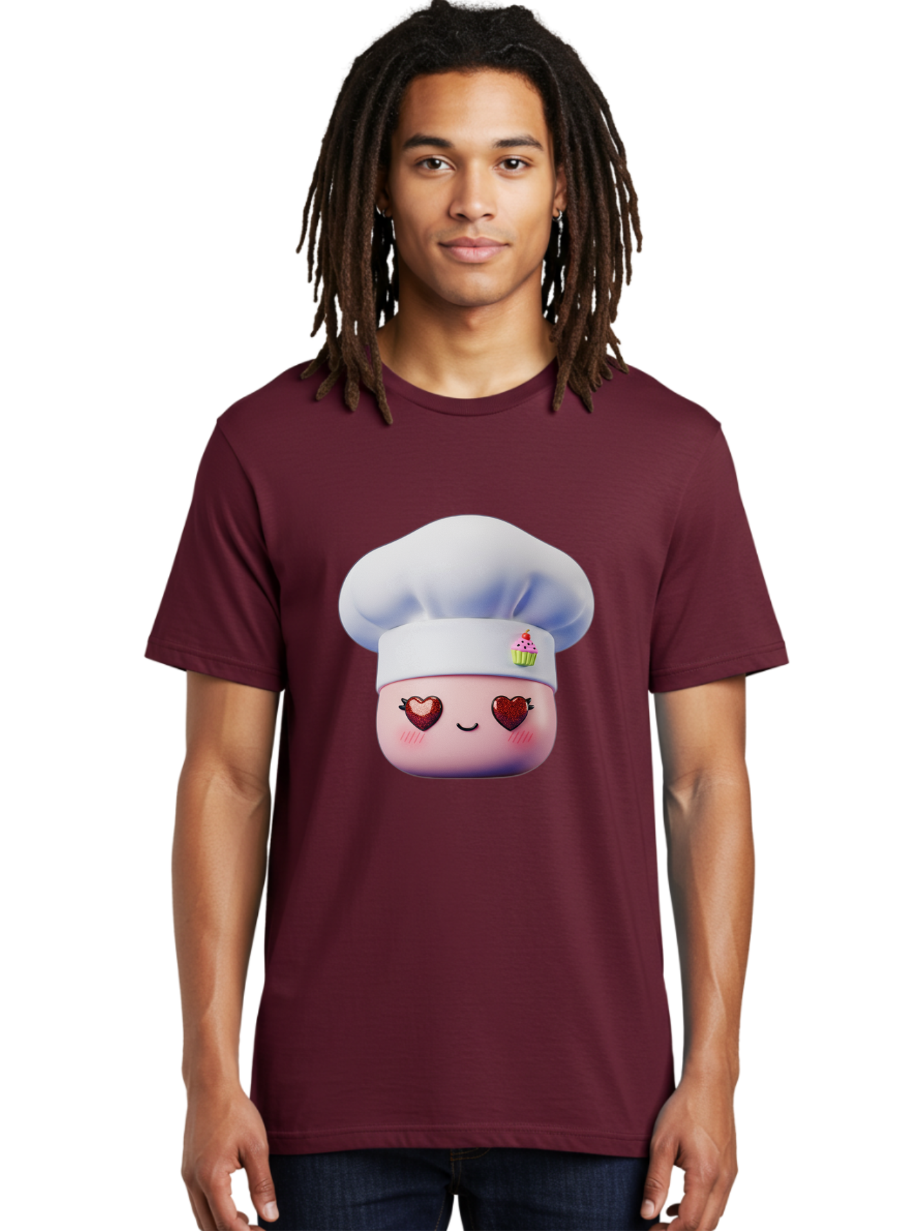 Cupcake-Chef Men'S Graphic Tee, 100% Cotton, Comfortable Casual Summer Wear, Machine Washable, Cartoon Chef, Baker Character, Sweet Treats, Heart-Shaped Eyes, Dessert Design, Baking Love, Pastry Chef Hat, Cute Pastel Colors, Whimsical Bakery Bac956