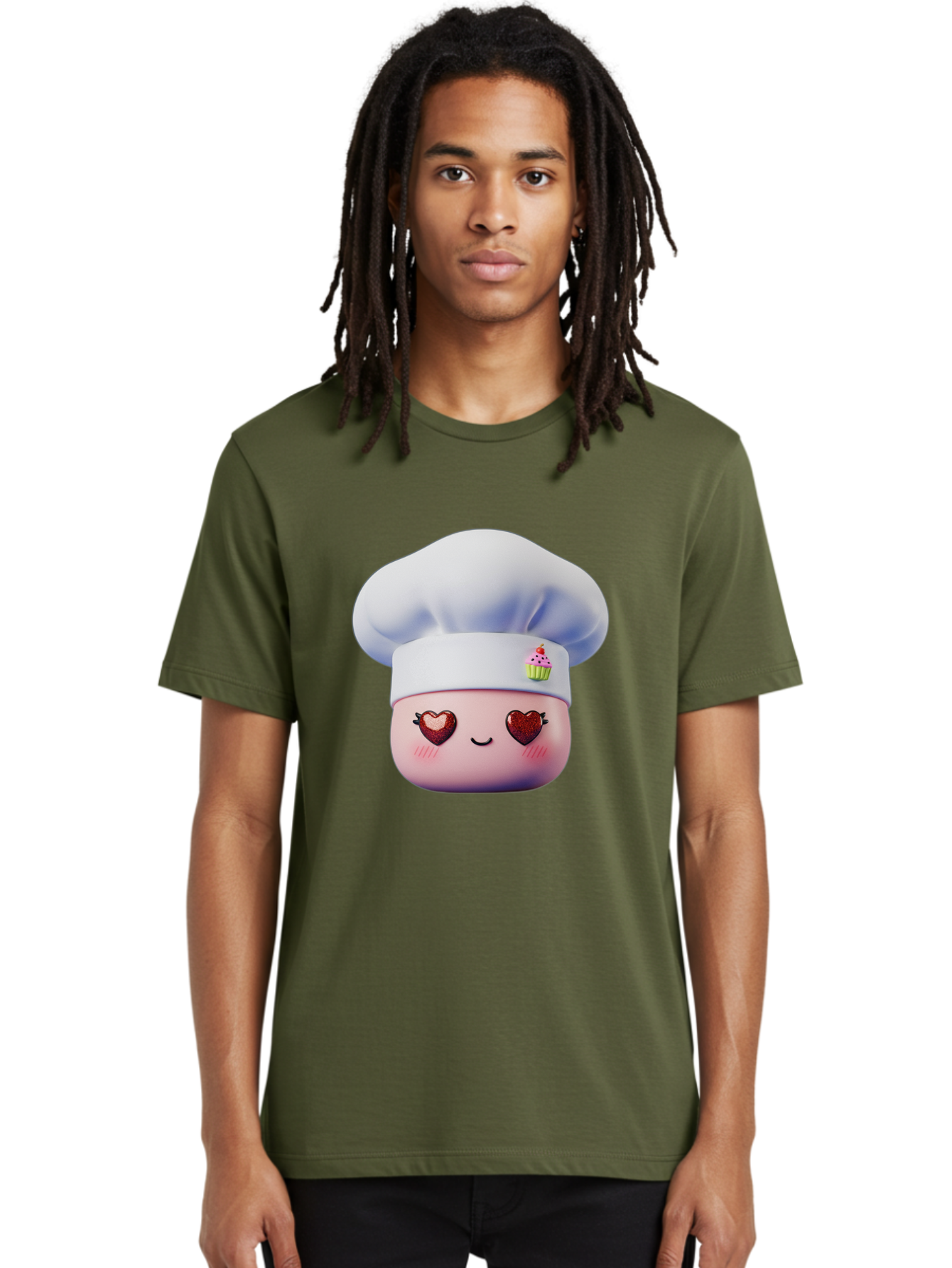 Cupcake-Chef Men'S Graphic Tee, 100% Cotton, Comfortable Casual Summer Wear, Machine Washable, Cartoon Chef, Baker Character, Sweet Treats, Heart-Shaped Eyes, Dessert Design, Baking Love, Pastry Chef Hat, Cute Pastel Colors, Whimsical Bakery Bac956