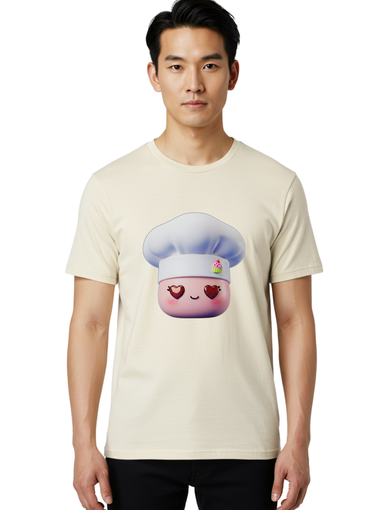 Cupcake-Chef Men'S Graphic Tee, 100% Cotton, Comfortable Casual Summer Wear, Machine Washable, Cartoon Chef, Baker Character, Sweet Treats, Heart-Shaped Eyes, Dessert Design, Baking Love, Pastry Chef Hat, Cute Pastel Colors, Whimsical Bakery Bac956