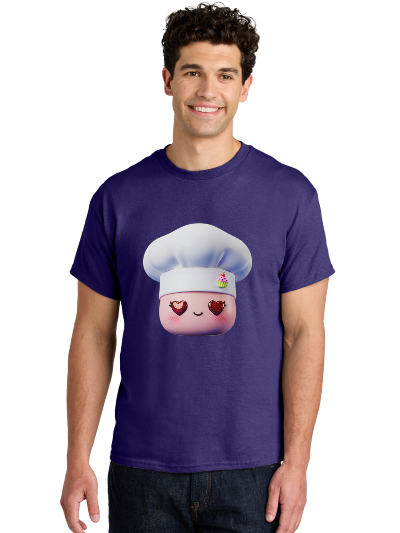 Cupcake-Chef Men'S Graphic Tee, 100% Cotton, Comfortable Casual Summer Wear, Machine Washable, Cartoon Chef, Baker Character, Sweet Treats, Heart-Shaped Eyes, Dessert Design, Baking Love, Pastry Chef Hat, Cute Pastel Colors, Whimsical Bakery Bac956